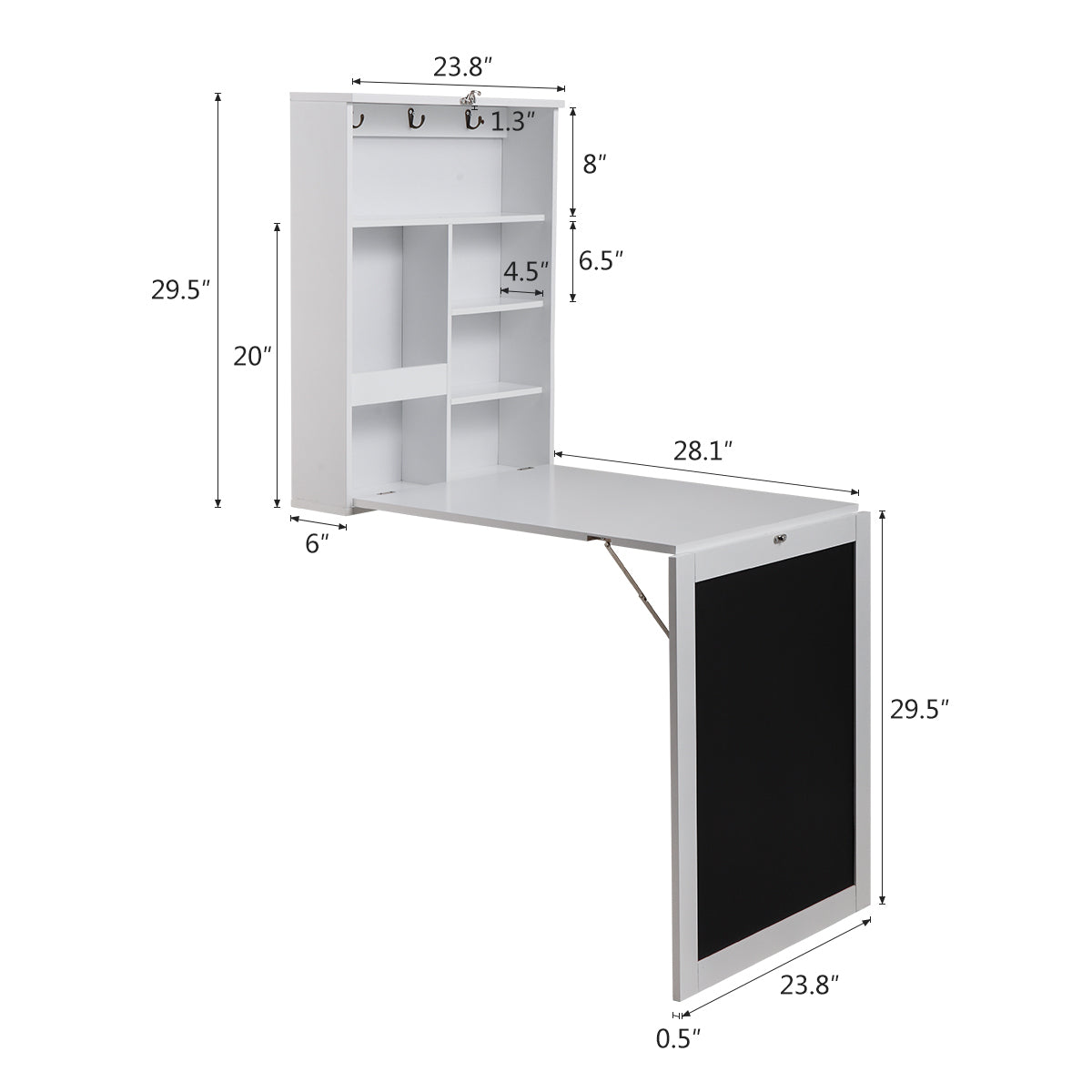 Floating Wall Mounted Table, Foldable Desk With Storage Shelves And Blackboard Black White White Black Mdf