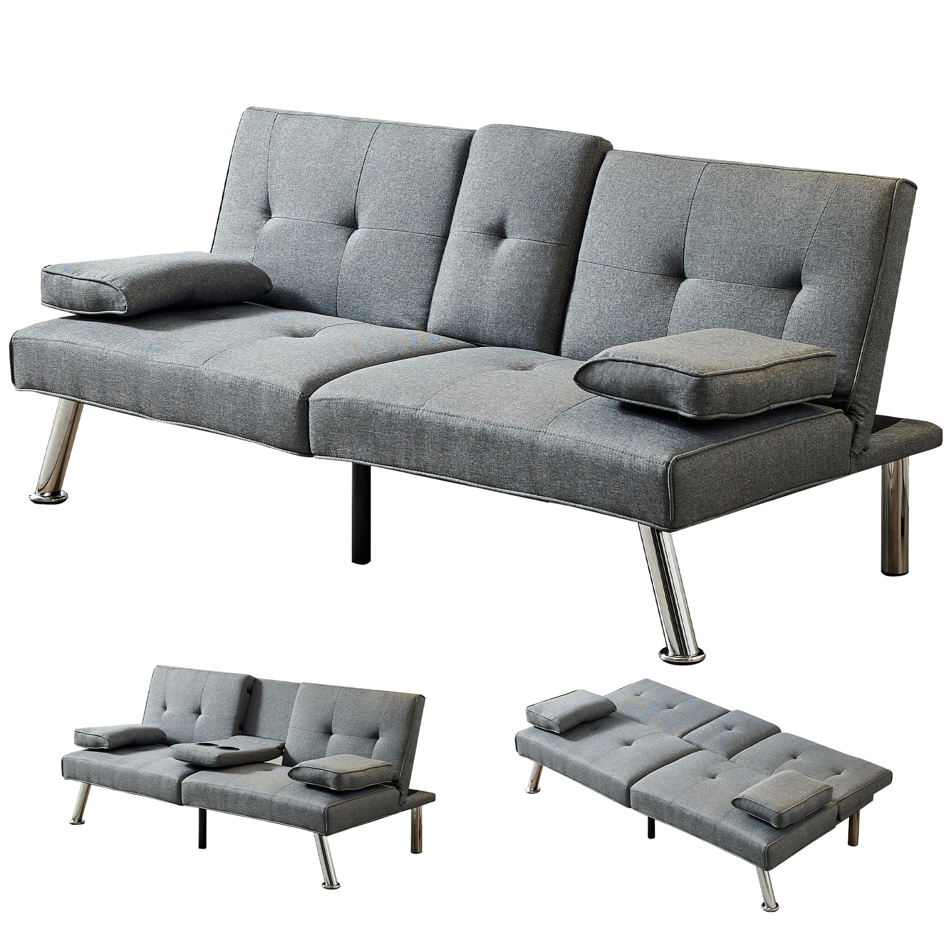 Linen Fabric Modern Sofa Bed Futon Couch Bed Folding Recliner Sleeper Reversible Loveseat Convertible Daybed, 2 Cup Holders, 3 Angles, Removable Armrests, Gray Grey Linen