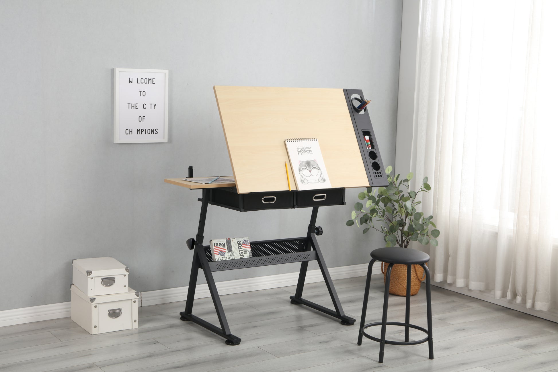 Adjustable Drawing Drafting Table Desk With 2 Drawers For Home Office And School With Stool Wood Ameican White Oak Mdf Metal