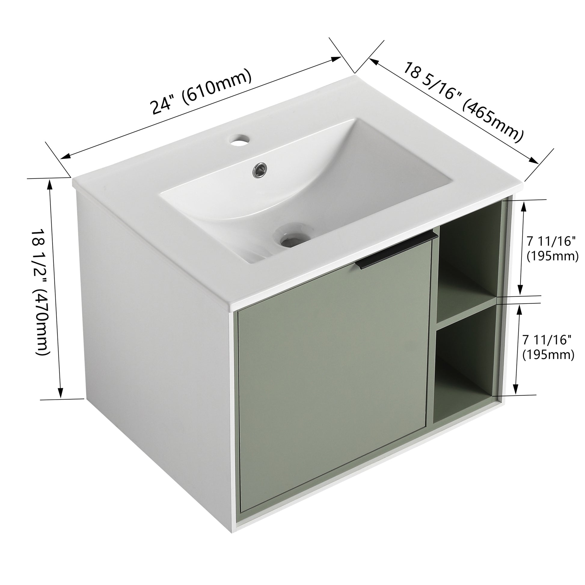 24'' Floating Wall Mounted Bathroom Vanity With Ceramics Sink & Soft Close Cabinet Door Green 1 2 Soft Close Doors Bathroom Wall Mounted Modern Plywood