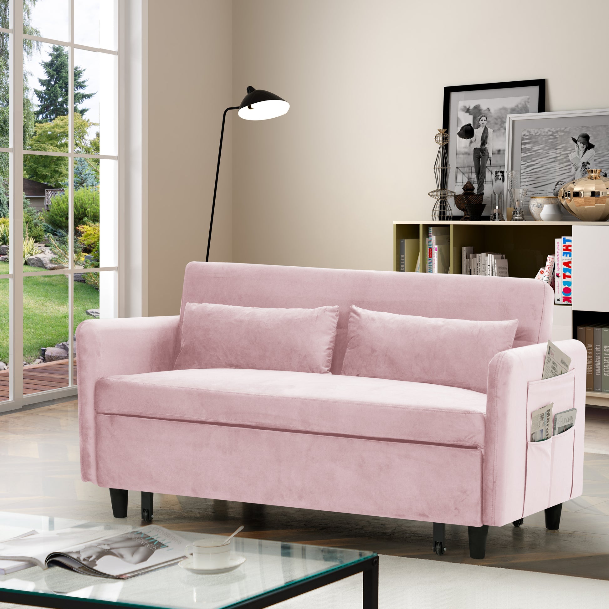 Sofa Pull Out Bed Includes Two Pillows 54 "Pink Velvet Sofa With Small Space Pink Velvet 2 Seat