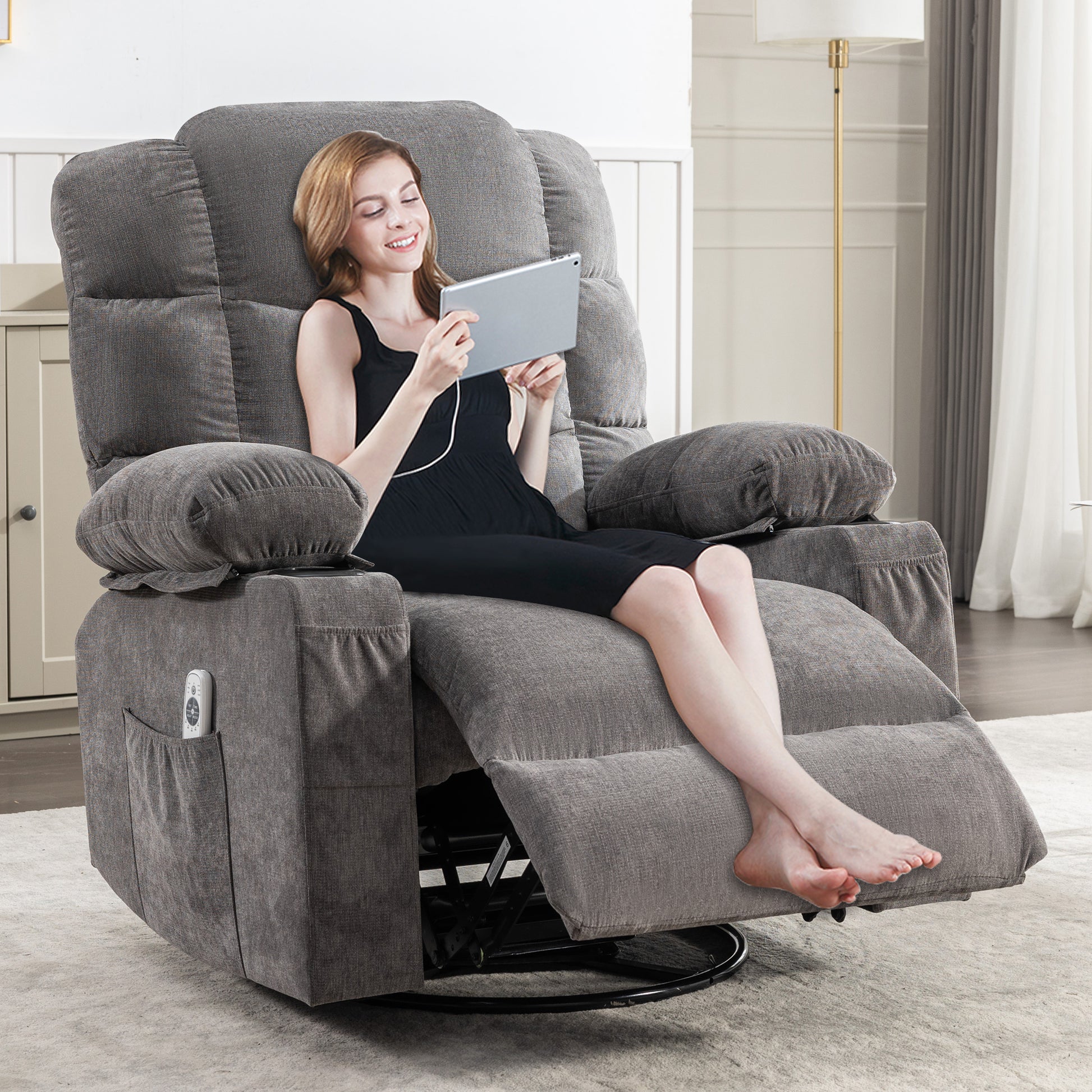 Massage Rocker Recliner Chair Rocking Chairs For Adults Oversized With 2 Cup Holders, Usb Charge Port Soft Features A Manual Massage And Heat. A B Grey Grey Soft Heavy Duty Foam Metal & Wood