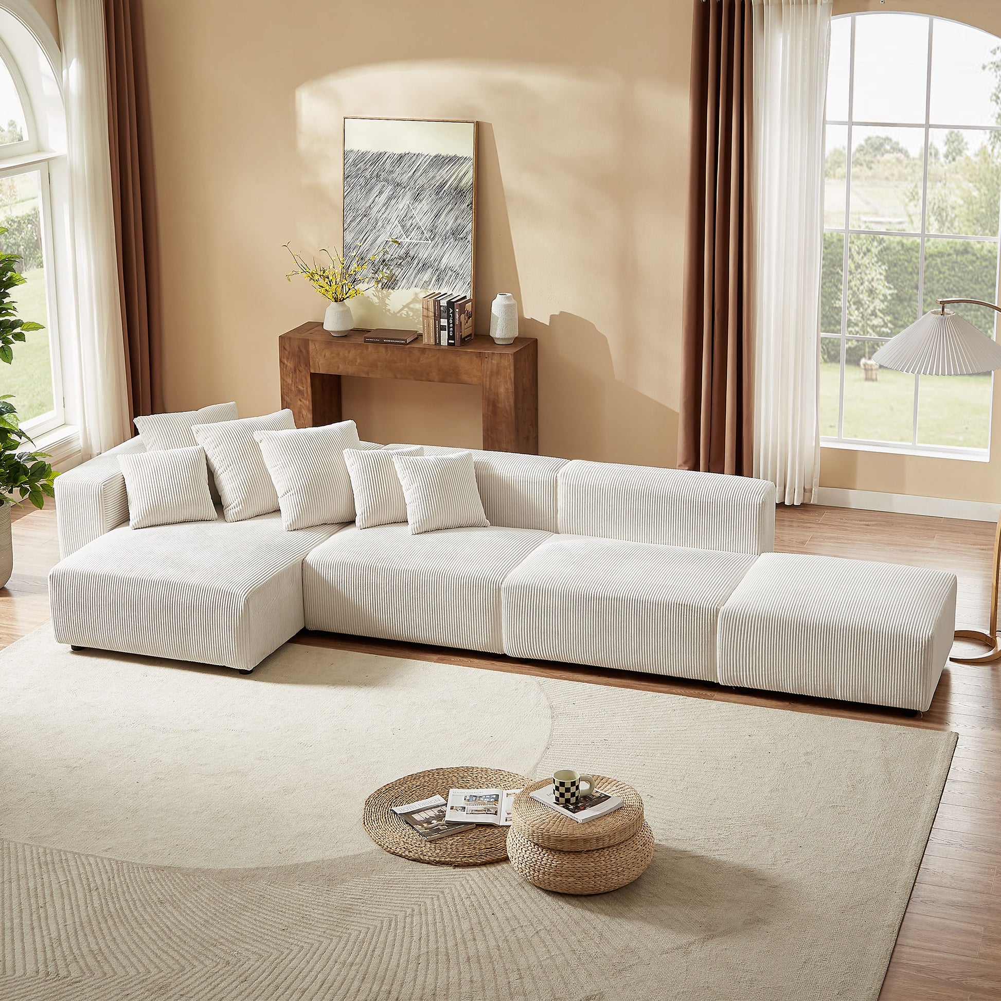 Soft Corduroy Sectional Modular Sofa 4 Piece Set, Small L Shaped Chaise Couch For Living Room, Apartment, Office, Beige Beige Fabric