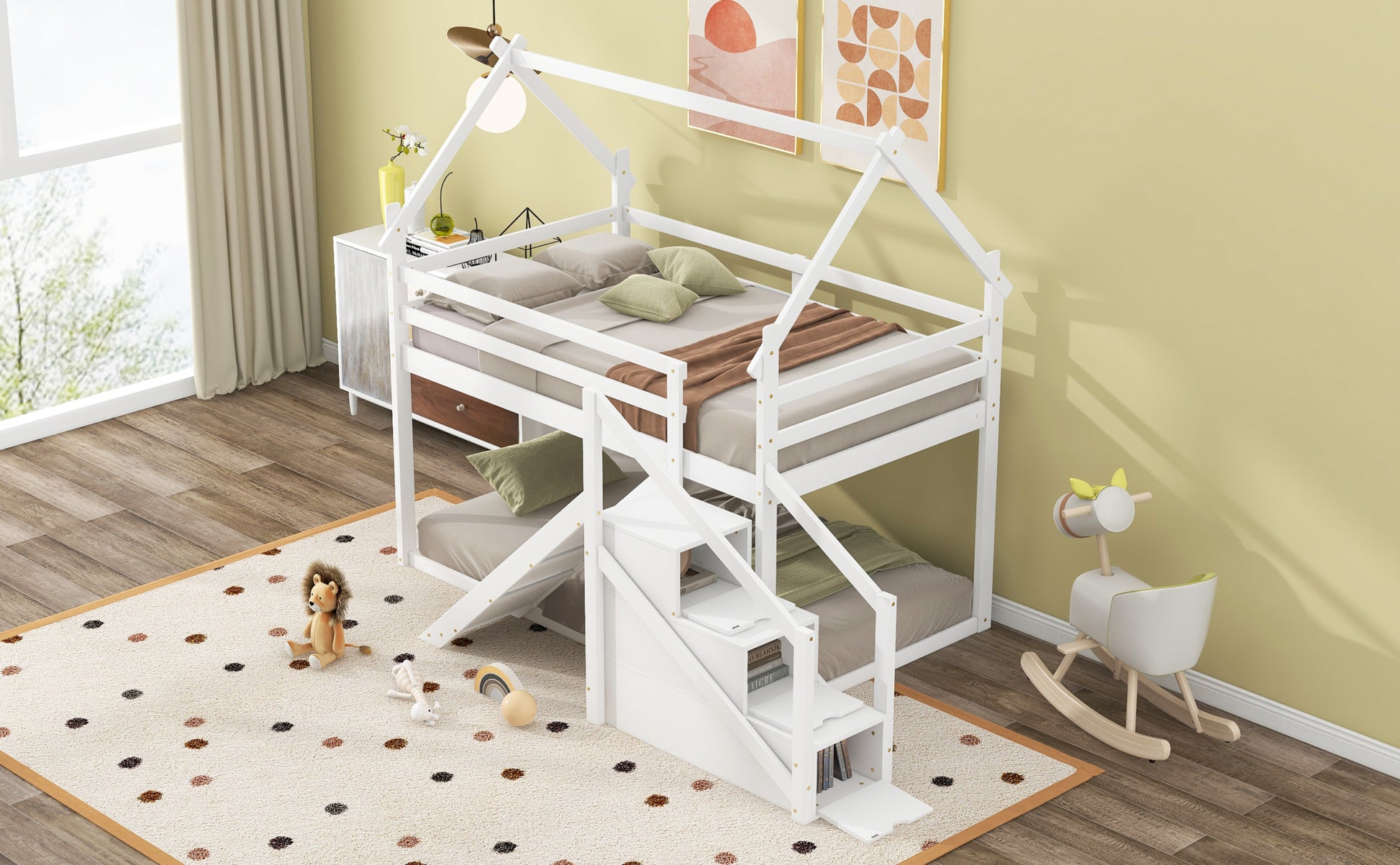 Twin Over Twin House Loft Or Bunk Bed With Slide And Staircase, White Box Spring Not Required Twin White Wood Bedroom Bunk Solid Wood Mdf