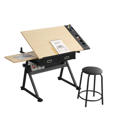 Adjustable Drawing Drafting Table Desk With 2 Drawers For Home Office And School With Stool Wood Ameican White Oak Mdf Metal