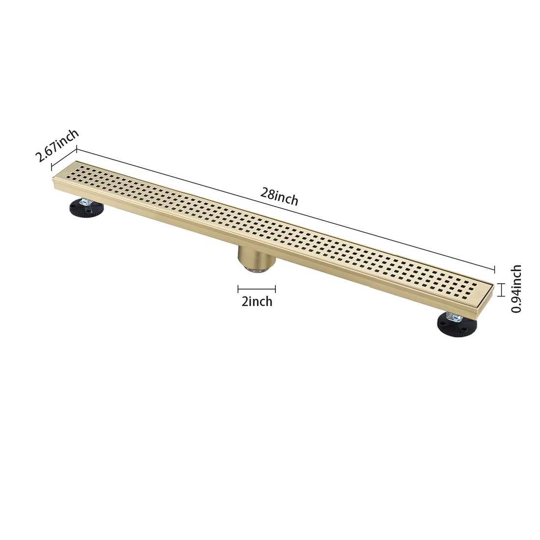 28 Inches Linear Shower Drain, Included Hair Strainer And Leveling Feet Brushed Gold Stainless Steel