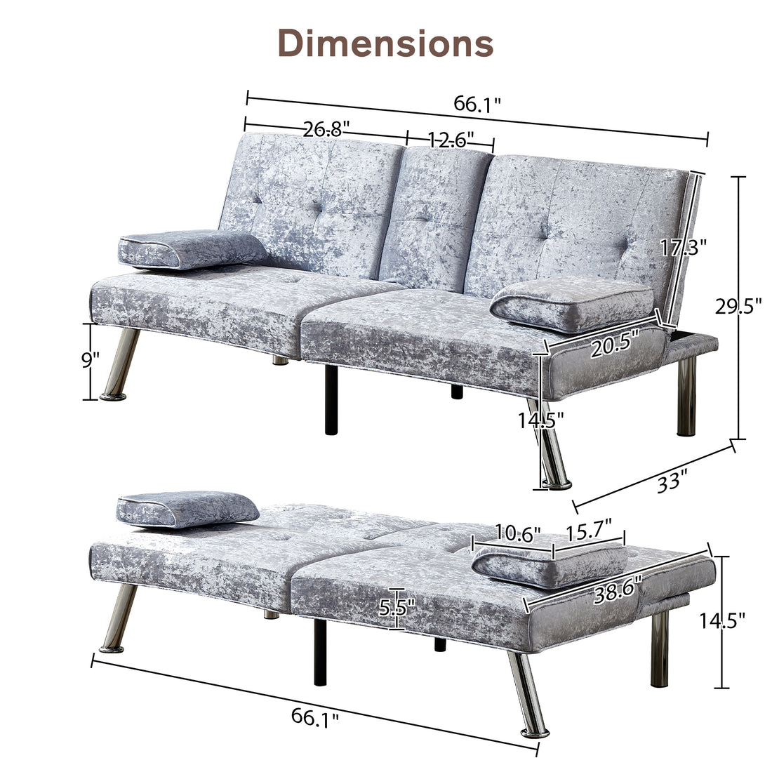 Sofa Bed Velvet, 66" Loveseat Futon Sofa Bed With Removable Armrests, Adjustable Reliner Guest Bed Daybed For Small Space, Cup Holders, 3 Angles, Gray Grey Velvet