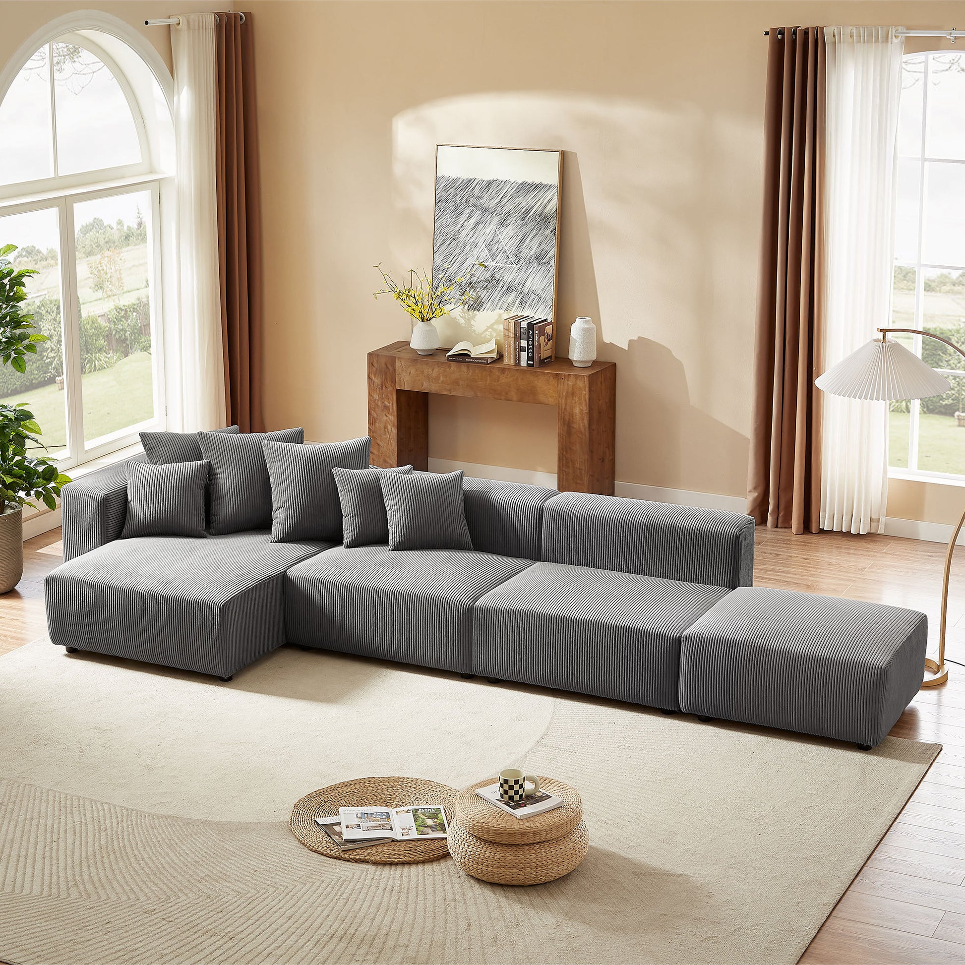 Soft Corduroy Sectional Modular Sofa 4 Piece Set, Small L Shaped Chaise Couch For Living Room, Apartment, Office, Gray Gray Corduroy