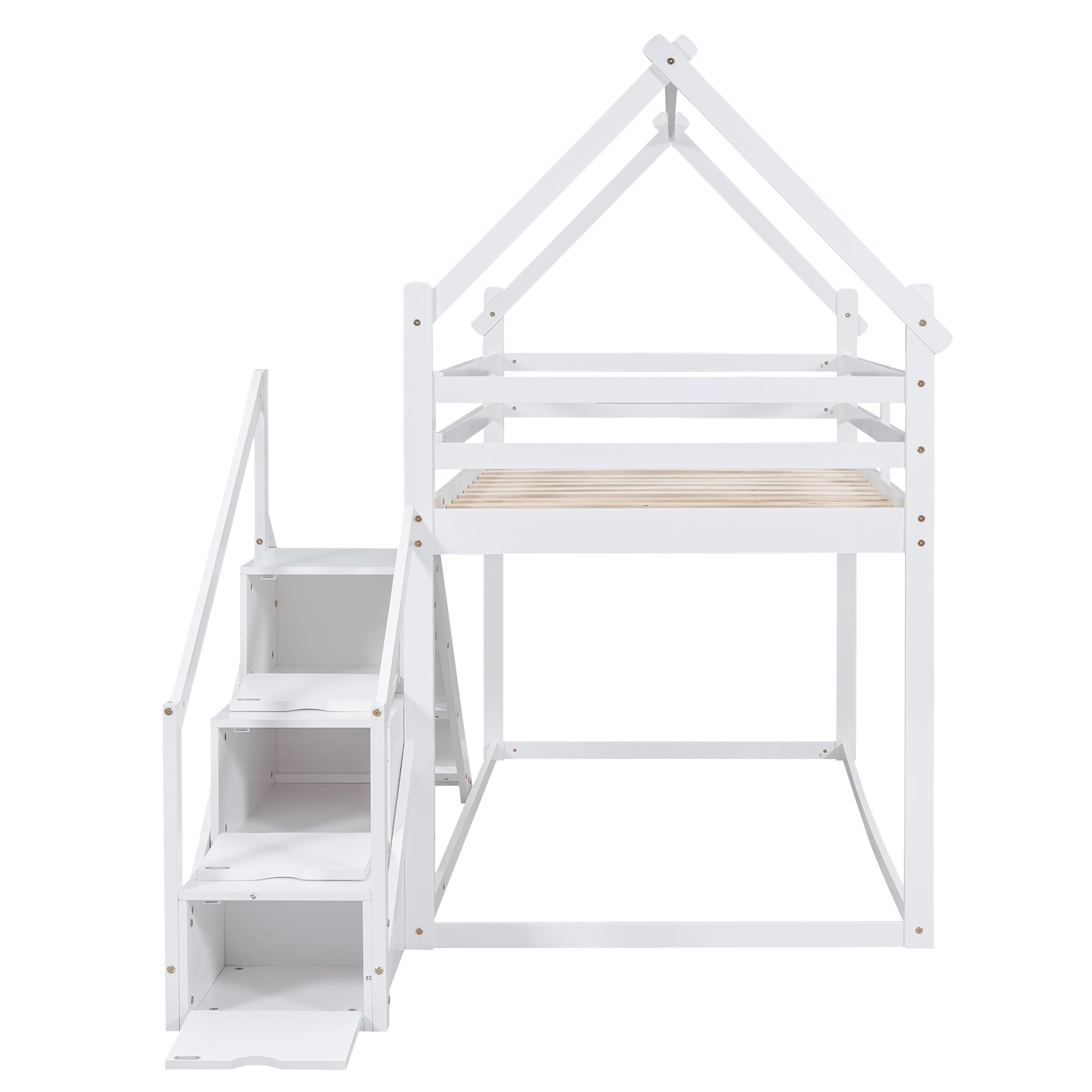 Twin Over Twin House Loft Or Bunk Bed With Slide And Staircase, White Box Spring Not Required Twin White Wood Bedroom Bunk Solid Wood Mdf