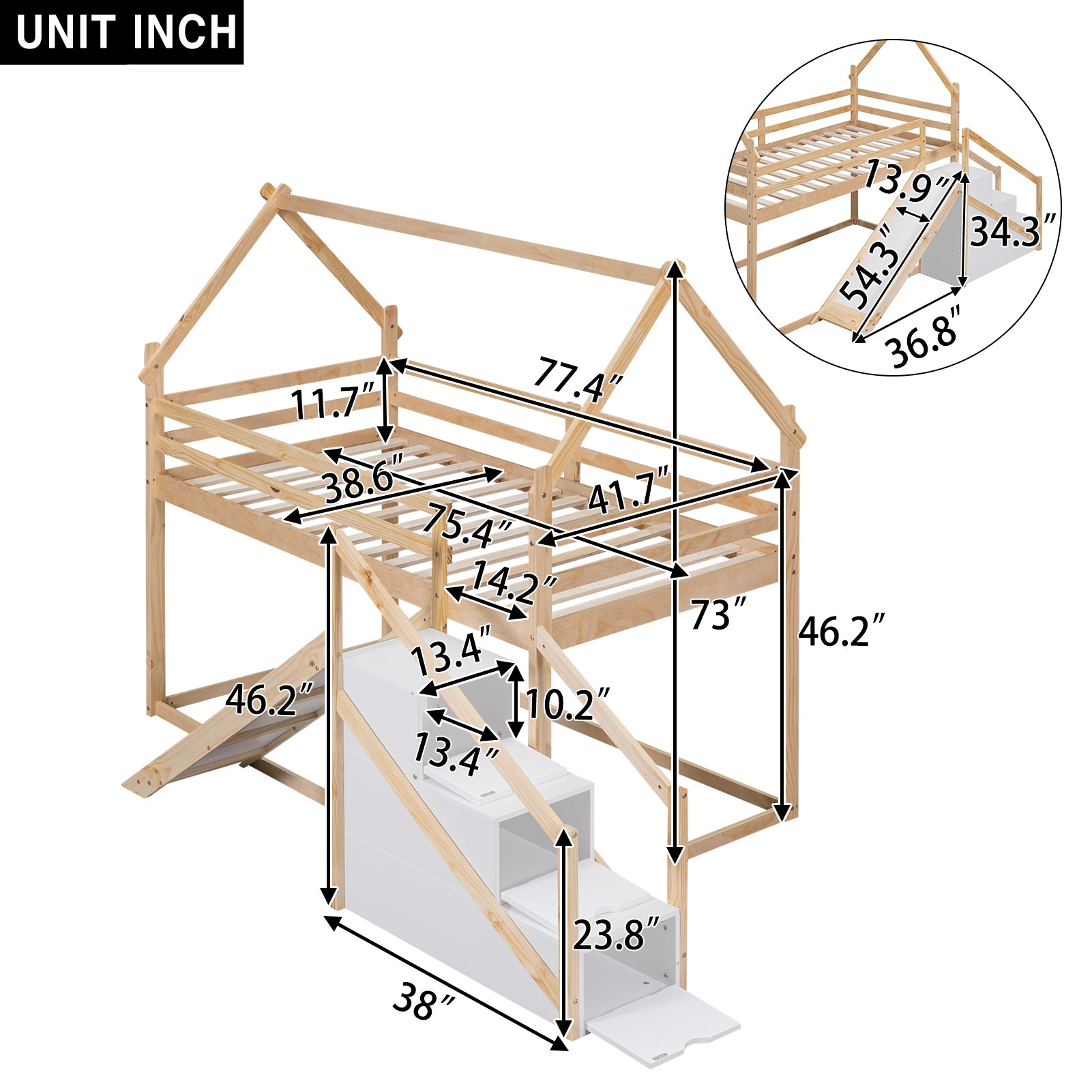 Twin Over Twin House Loft Or Bunk Bed With Slide And Staircase, Natural Box Spring Not Required Twin Natural Wood Bedroom Bunk Solid Wood Mdf