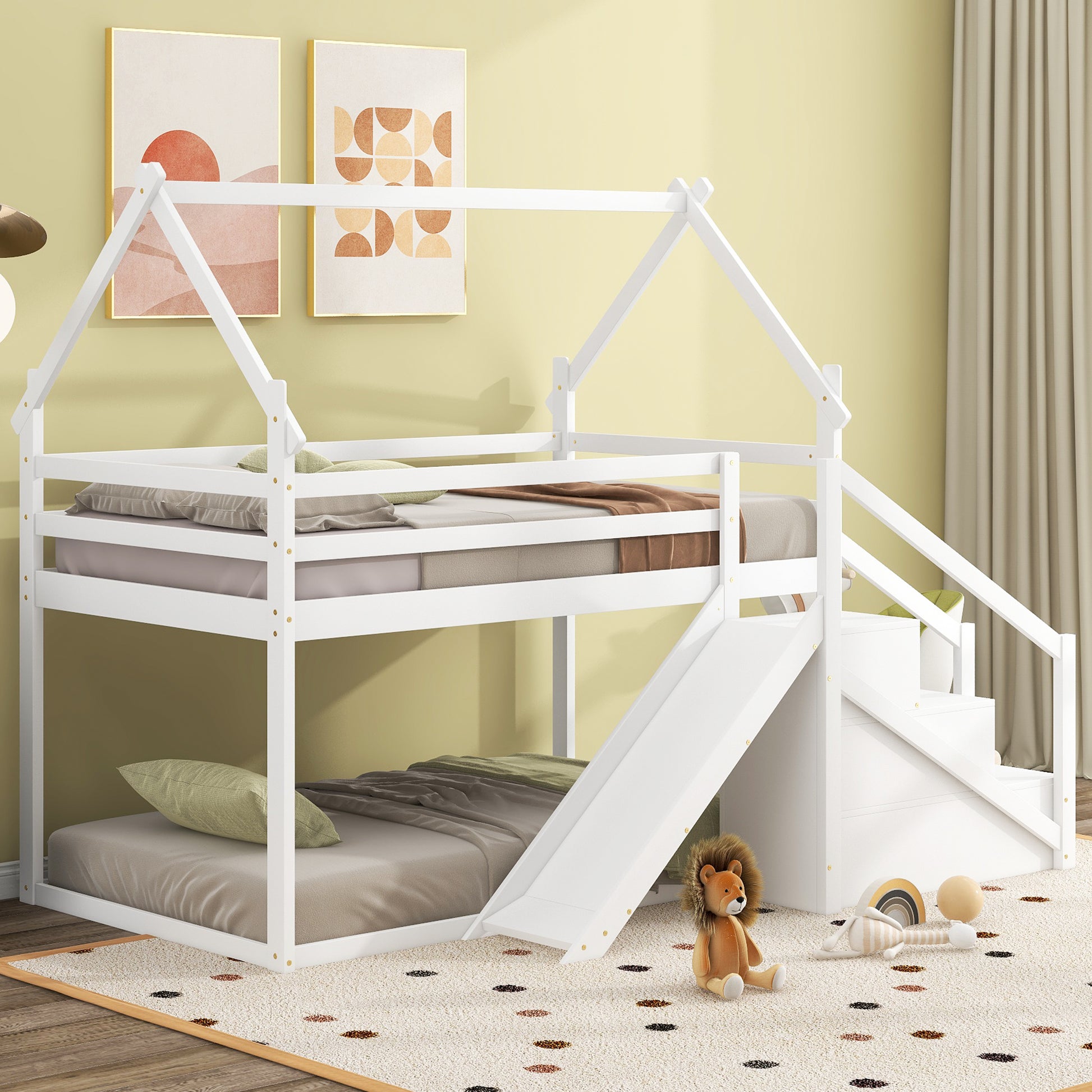 Twin Over Twin House Loft Or Bunk Bed With Slide And Staircase, White Box Spring Not Required Twin White Wood Bedroom Bunk Solid Wood Mdf