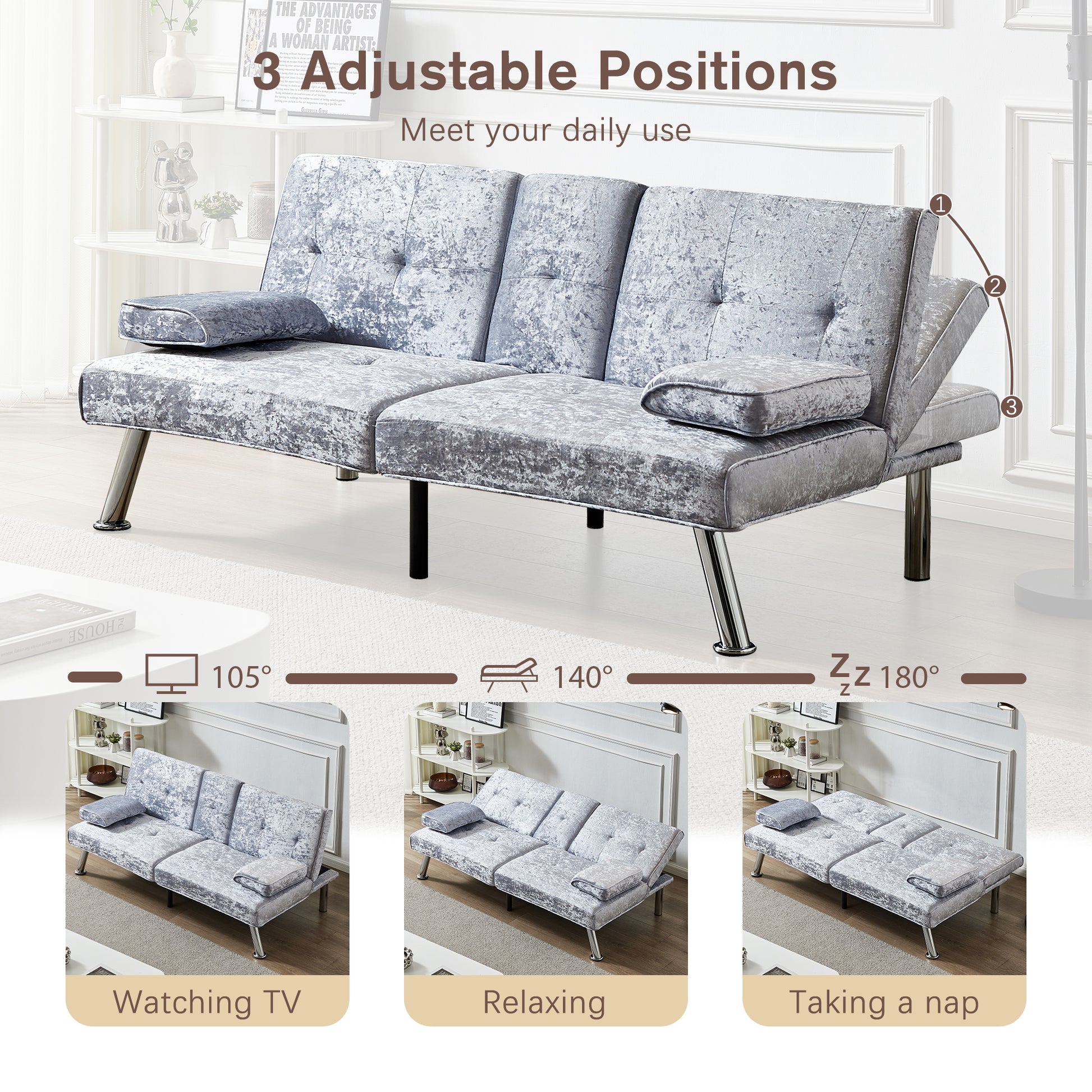 Sofa Bed Velvet, 66" Loveseat Futon Sofa Bed With Removable Armrests, Adjustable Reliner Guest Bed Daybed For Small Space, Cup Holders, 3 Angles, Gray Grey Velvet