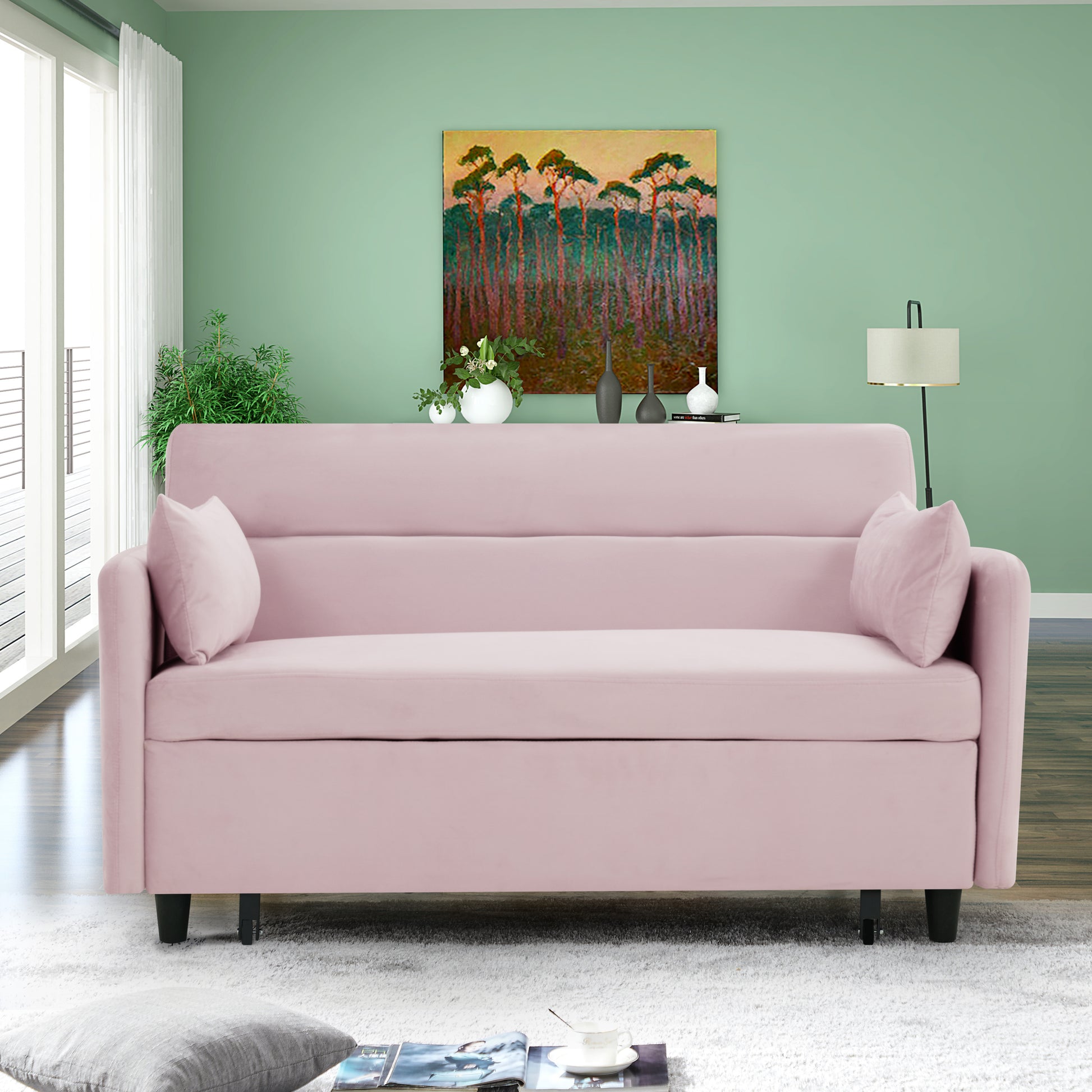 Sofa Pull Out Bed Includes Two Pillows 54 "Pink Velvet Sofa With Small Space Pink Velvet 2 Seat