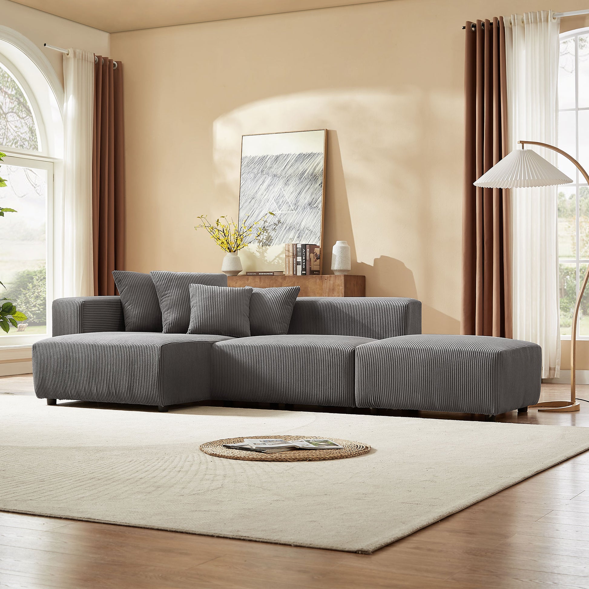 Soft Corduroy Sectional Modular Sofa Set, Small L Shaped Chaise Couch For Living Room, Apartment, Office, Gray Gray Fabric