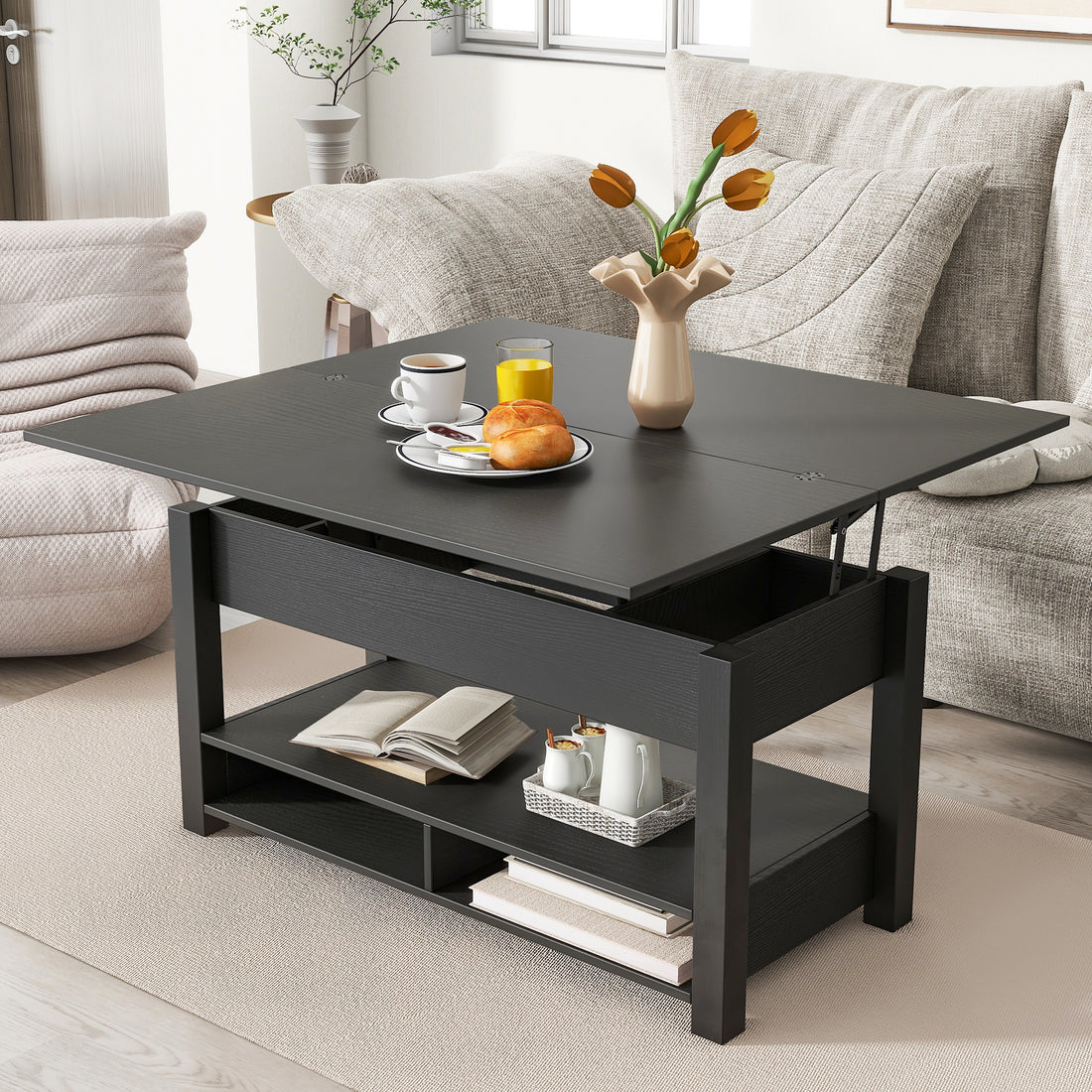 Lift Top Coffee Table, Multi Functional Coffee Table With Open Shelves, Modern Lift Tabletop Dining Table For Living Room, Home Office, Black Black Primary Living Space Particle Board