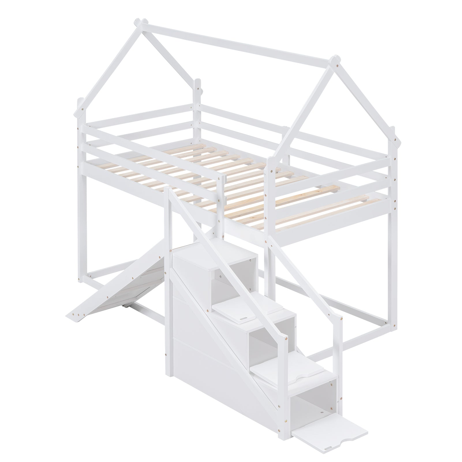 Twin Over Twin House Loft Or Bunk Bed With Slide And Staircase, White Box Spring Not Required Twin White Wood Bedroom Bunk Solid Wood Mdf