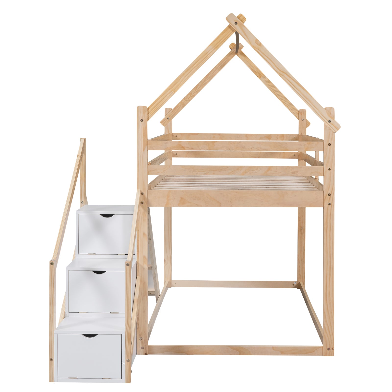 Twin Over Twin House Loft Or Bunk Bed With Slide And Staircase, Natural Box Spring Not Required Twin Natural Wood Bedroom Bunk Solid Wood Mdf