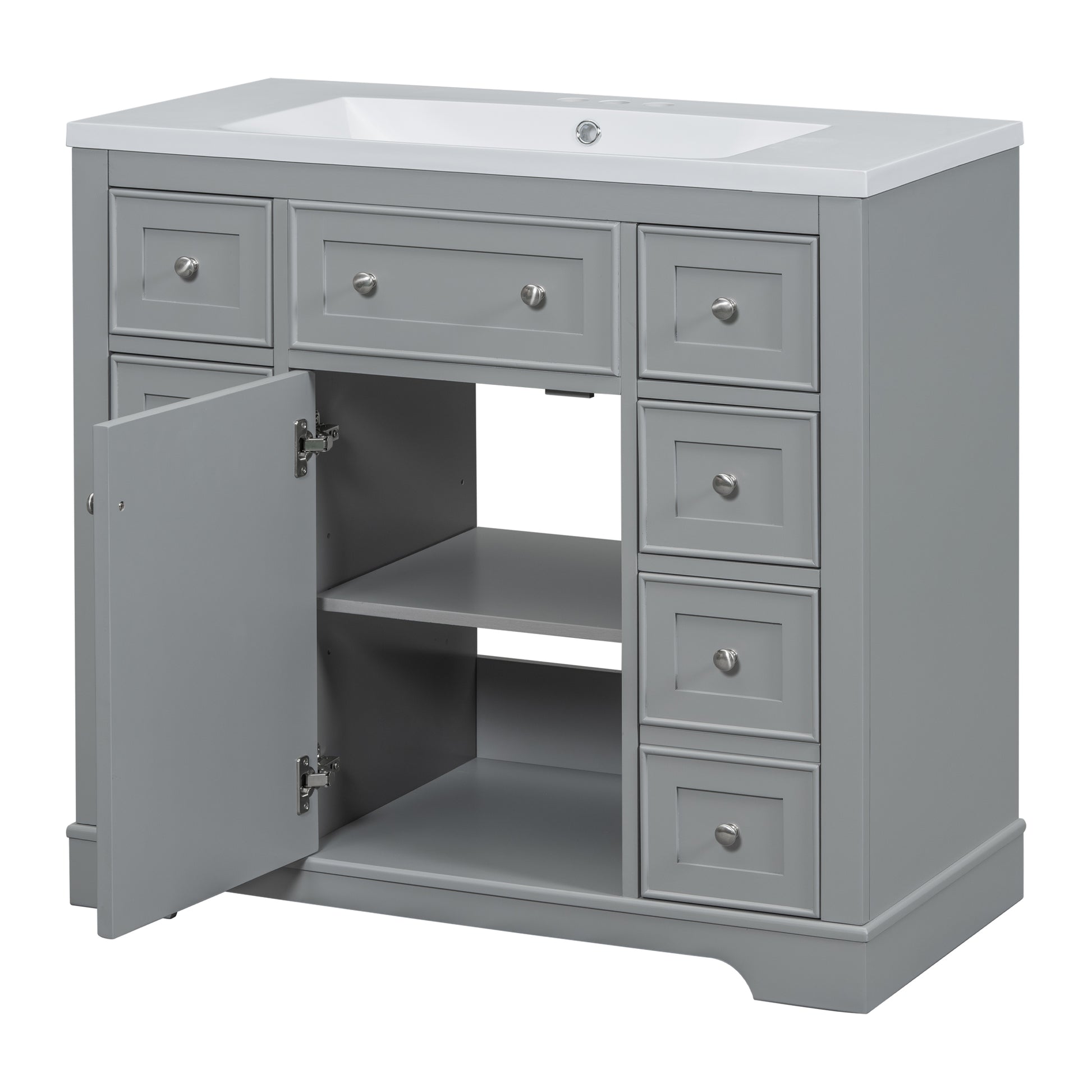 36" Bathroom Vanity With Sink Combo, One Cabinet And Six Drawers, Solid Wood And Mdf Board, Grey Grey Solid Wood Mdf