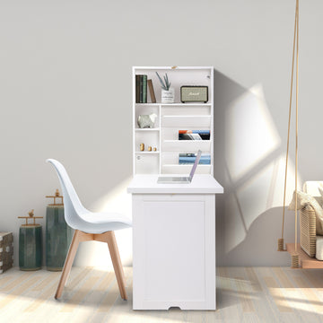 Modern Compact Wood Wall Mounted Folding Desk Cabinet Convertible Writing Desk For Home Office With Storage, White White Particle Board