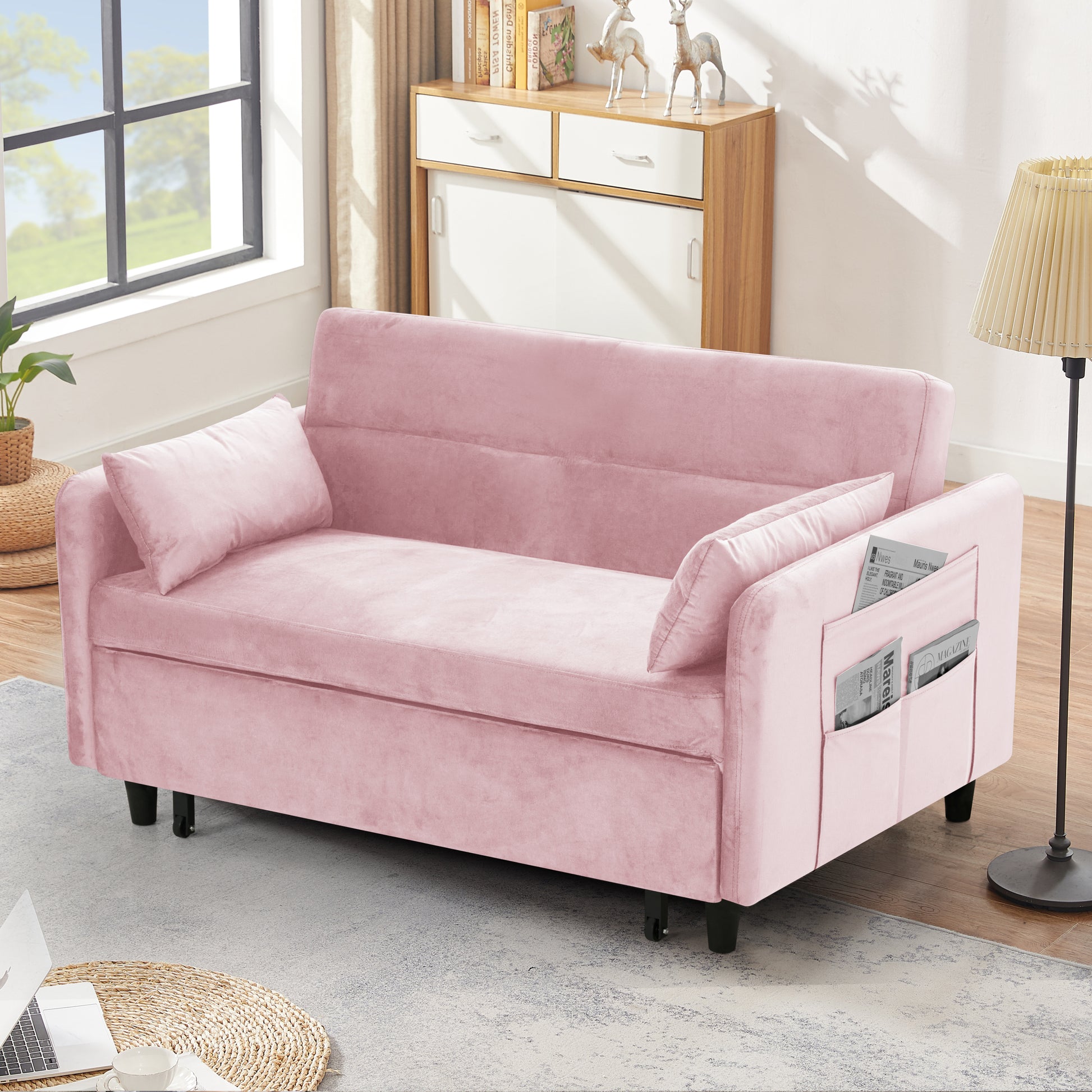 Sofa Pull Out Bed Includes Two Pillows 54 "Pink Velvet Sofa With Small Space Pink Velvet 2 Seat