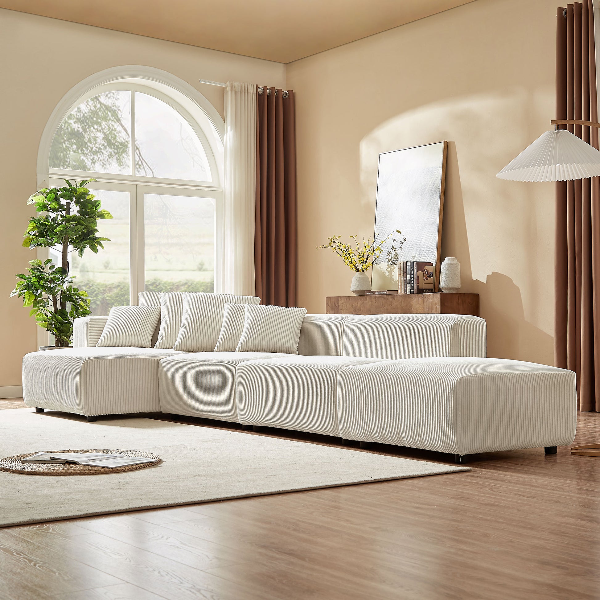 Soft Corduroy Sectional Modular Sofa 4 Piece Set, Small L Shaped Chaise Couch For Living Room, Apartment, Office, Beige Beige Fabric