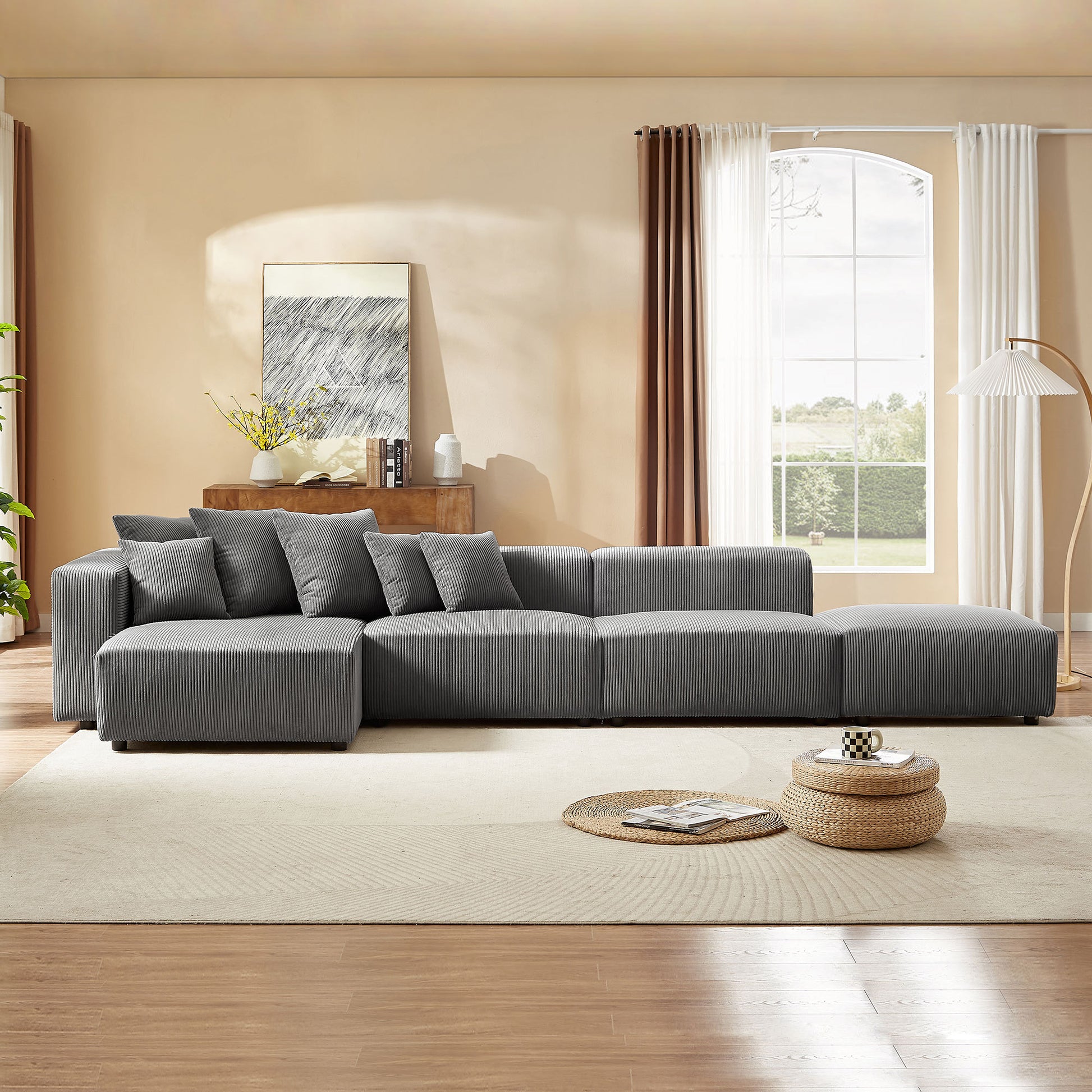 Soft Corduroy Sectional Modular Sofa 4 Piece Set, Small L Shaped Chaise Couch For Living Room, Apartment, Office, Gray Gray Corduroy