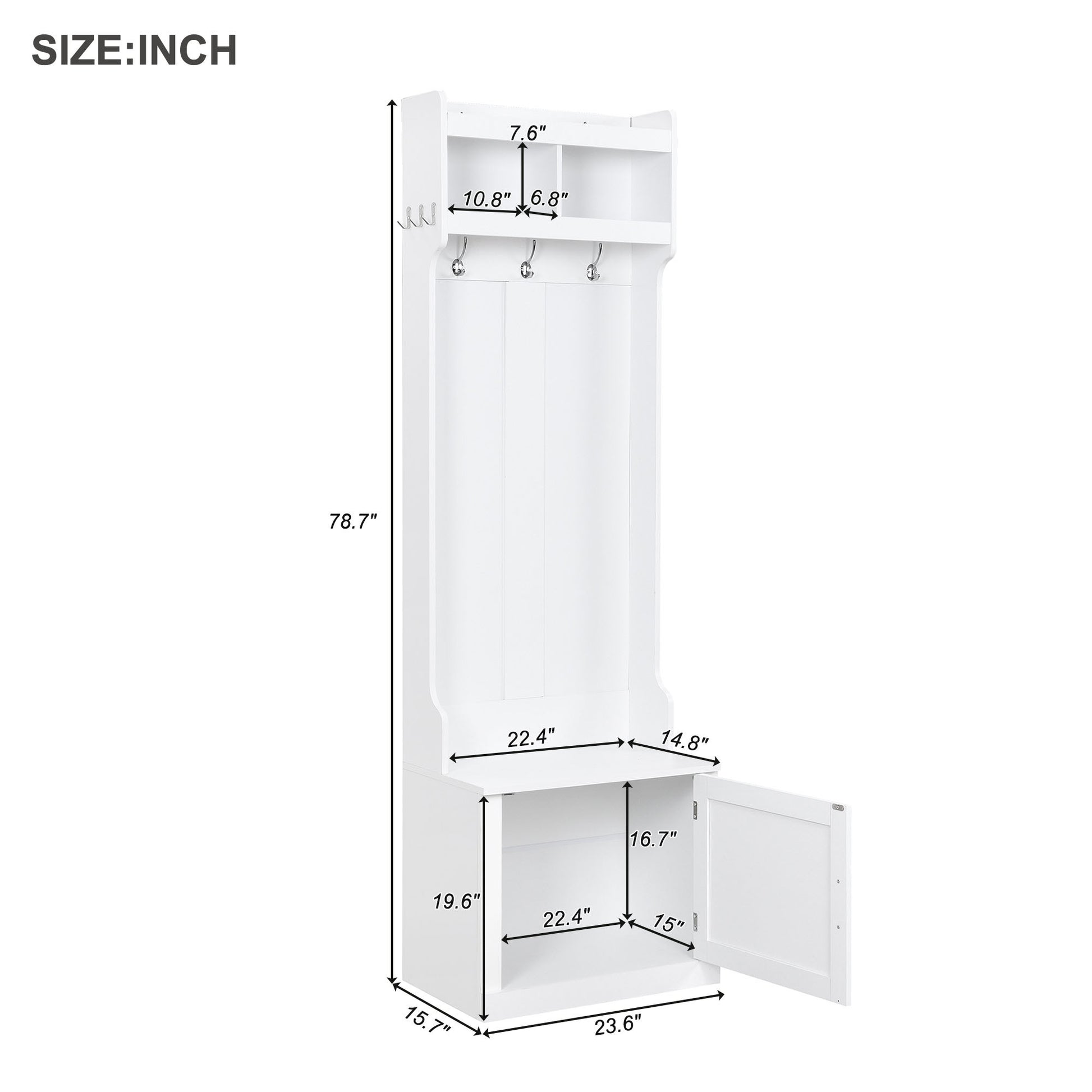 Minimalist Slim Hall Tree With Cabinet & 6 Hanging Hooks, Multi Functional Storage Bench With Coat Rack, Elegant Foyer Cabinet For Hallway, Living Room, White White Primary Living Space Particle Board