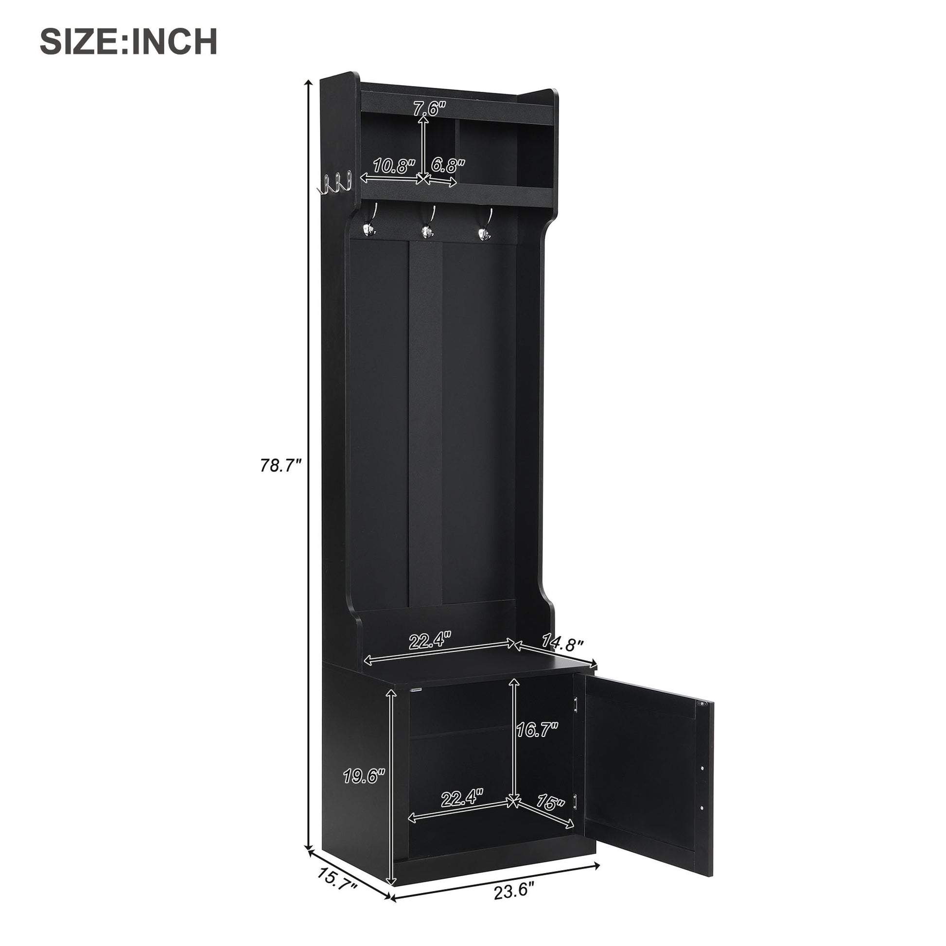 Minimalist Slim Hall Tree With Cabinet & 6 Hanging Hooks, Multi Functional Storage Bench With Coat Rack, Elegant Foyer Cabinet For Hallway, Living Room, Black Black Primary Living Space Particle Board