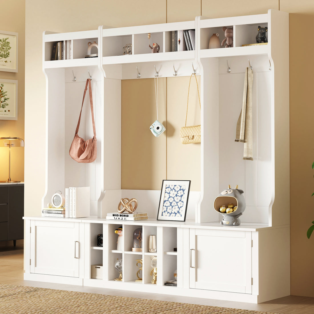 Wide Design Hall Tree With Storage And Bench, 4 In 1 Multi Functional Entryway Bench With Coat Rack And Shoe Cubbies, Practical Furniture For Hallway, White White Primary Living Space Particle Board