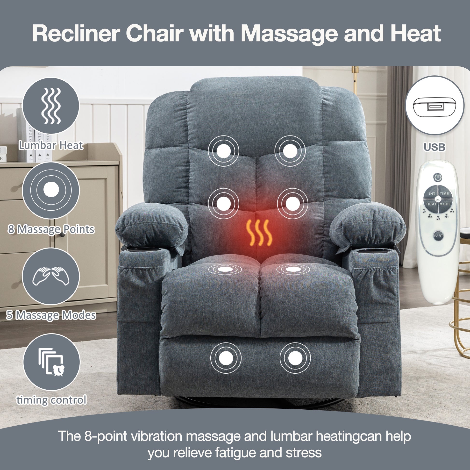 Massage Rocker Recliner Chair Rocking Chairs For Adults Oversized With 2 Cup Holders, Usb Charge Port Soft Features A Manual Massage And Heat.A B Blue Blue Soft Heavy Duty Foam Metal & Wood