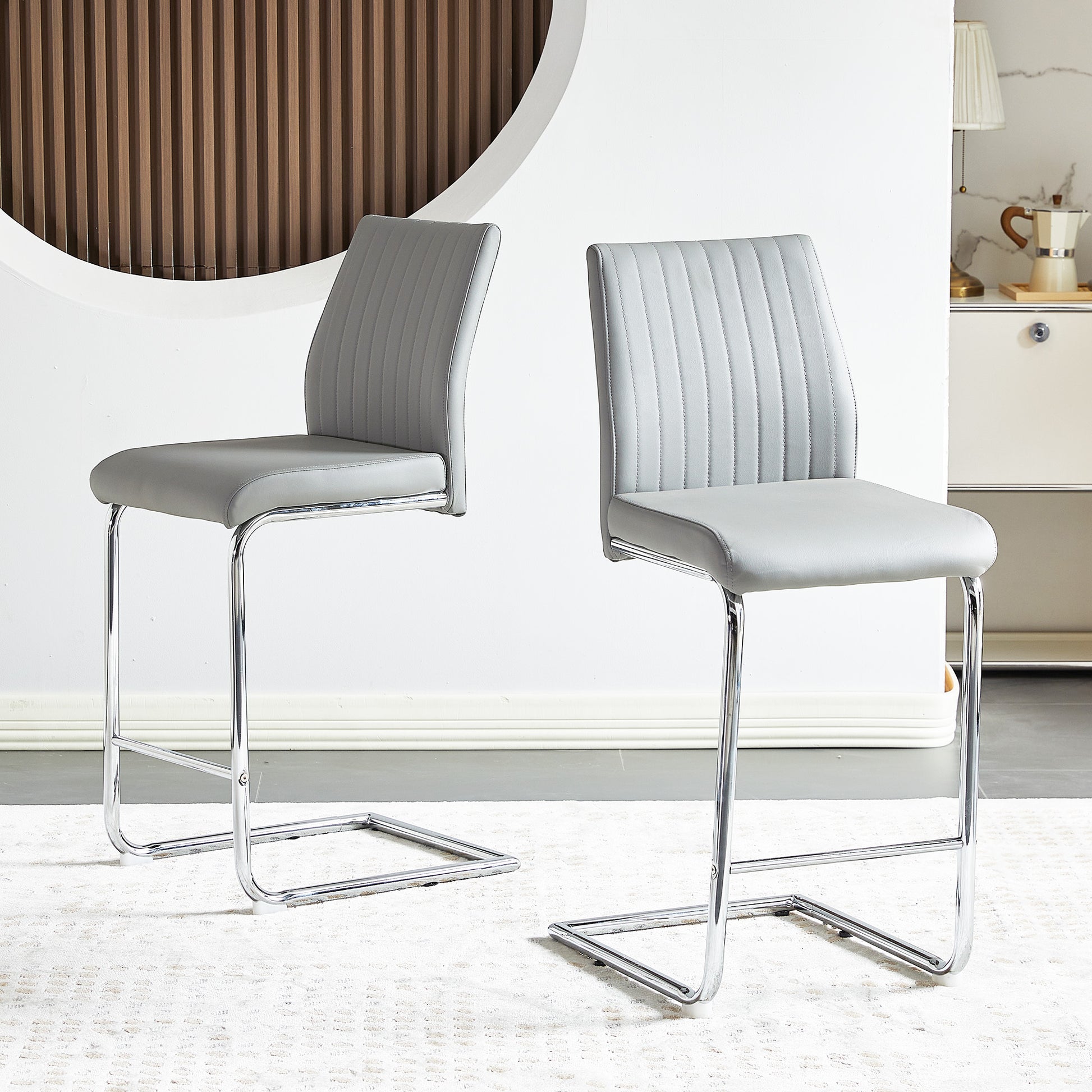 Light Grey Modern Simple Bar Chair Pu Leather Chrome Metal Pipe, Restaurant, Family Bar Chair Set Of 2 Light Grey Pu Leather