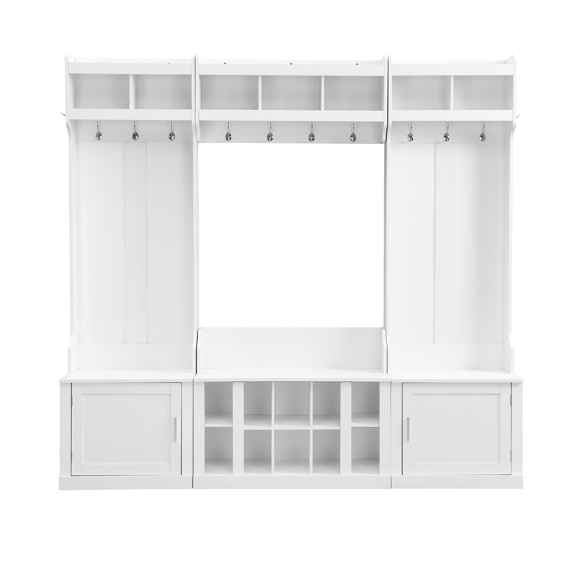 Wide Design Hall Tree With Storage And Bench, 4 In 1 Multi Functional Entryway Bench With Coat Rack And Shoe Cubbies, Practical Furniture For Hallway, White White Primary Living Space Particle Board