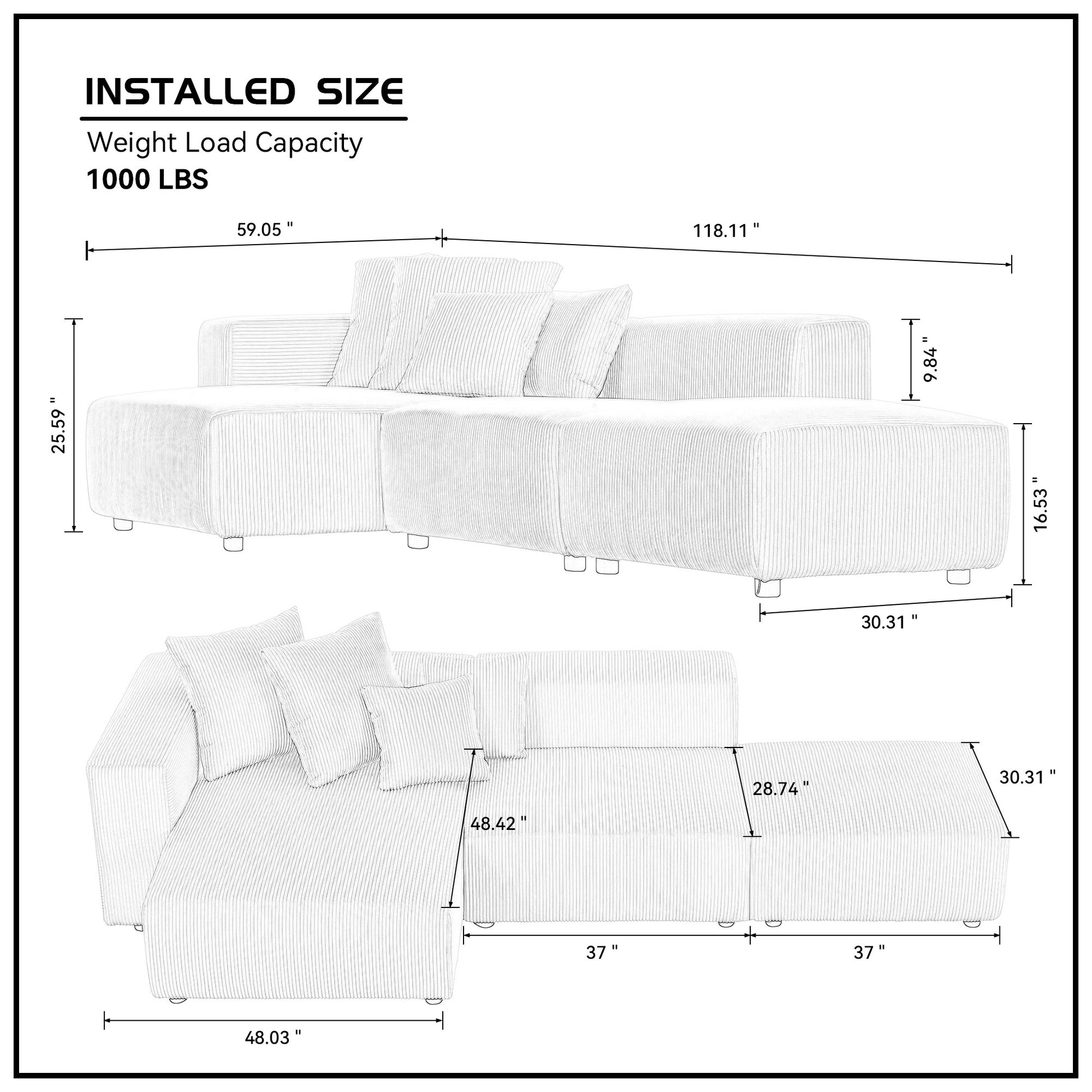 Soft Corduroy Sectional Modular Sofa Set, Small L Shaped Chaise Couch For Living Room, Apartment, Office, Gray Gray Fabric