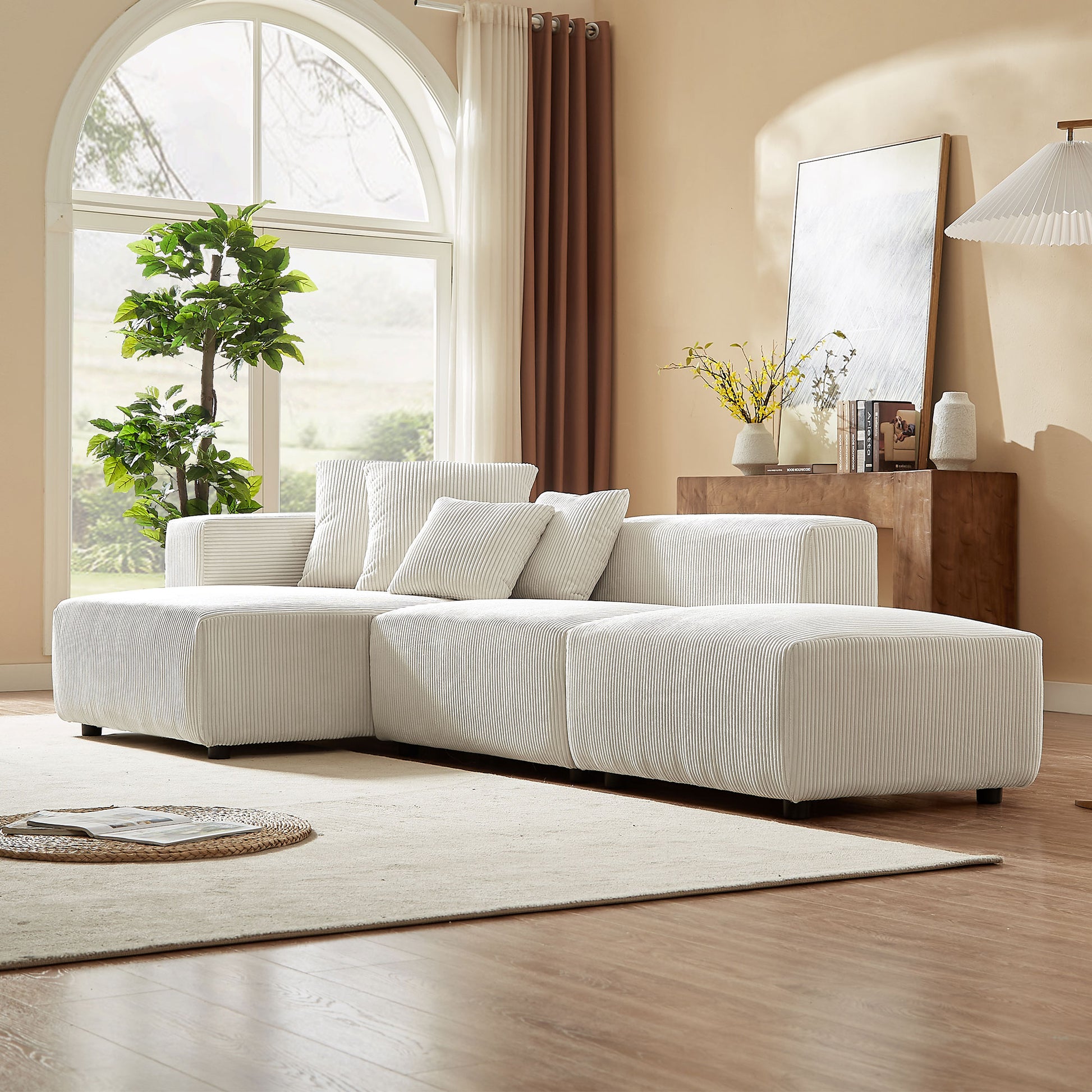 Soft Corduroy Sectional Modular Sofa Set, Small L Shaped Chaise Couch For Living Room, Apartment, Office, Beige Beige Fabric