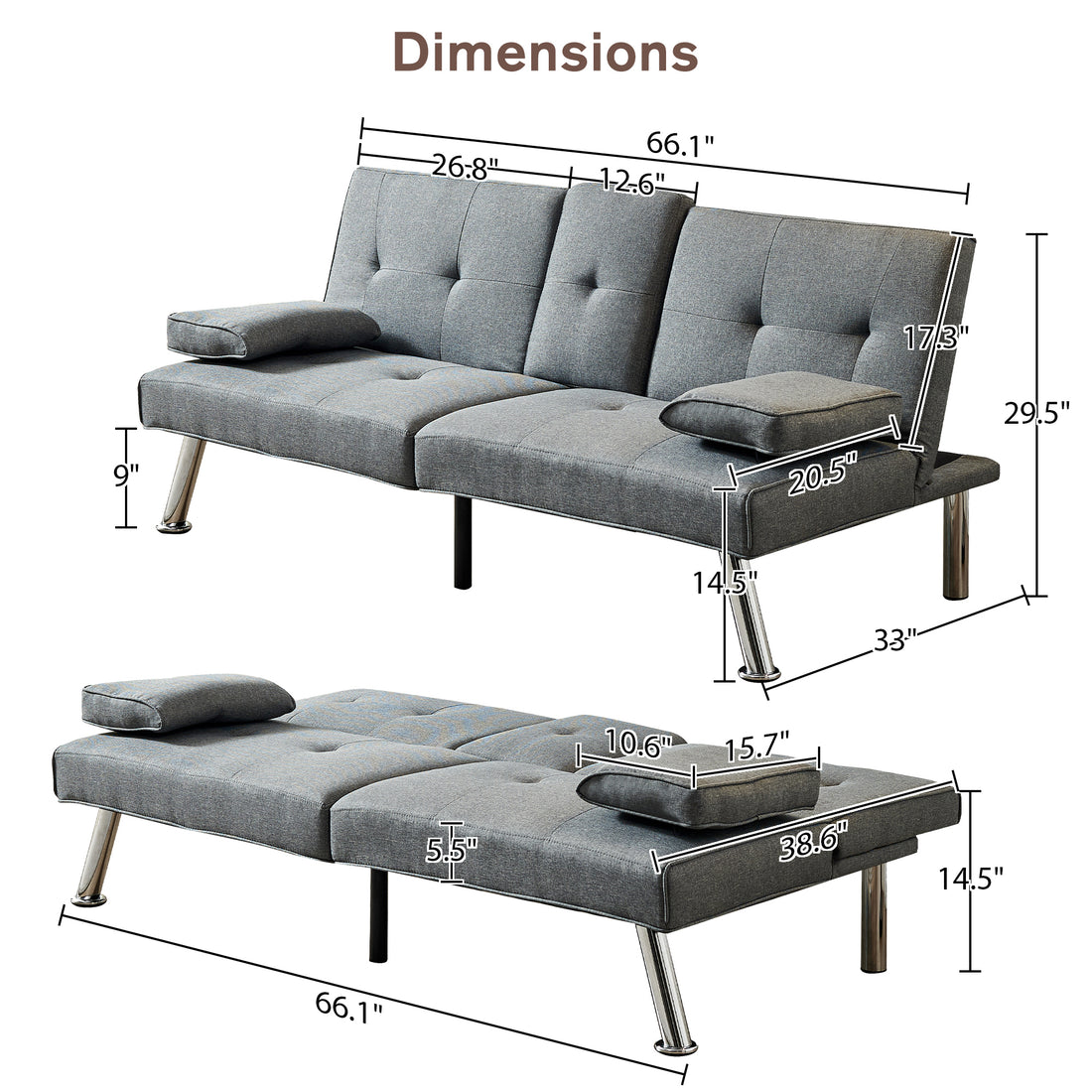 Linen Fabric Modern Sofa Bed Futon Couch Bed Folding Recliner Sleeper Reversible Loveseat Convertible Daybed, 2 Cup Holders, 3 Angles, Removable Armrests, Gray Grey Linen