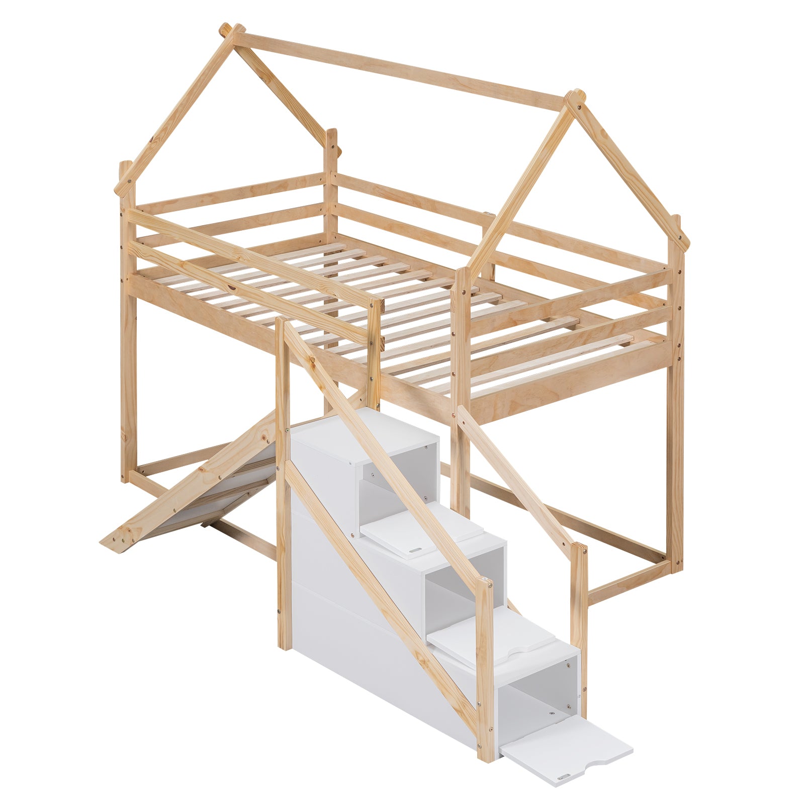 Twin Over Twin House Loft Or Bunk Bed With Slide And Staircase, Natural Box Spring Not Required Twin Natural Wood Bedroom Bunk Solid Wood Mdf