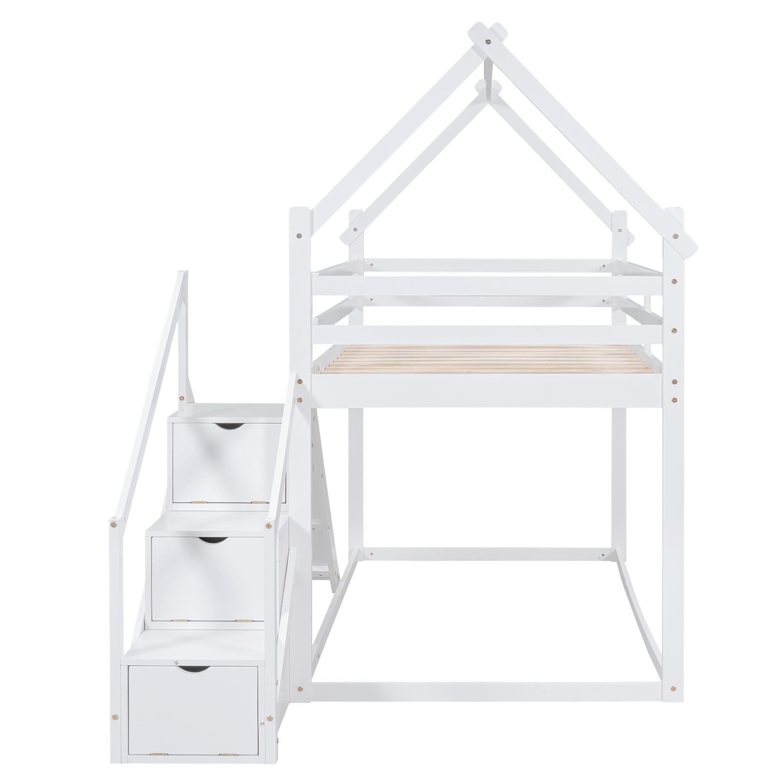 Twin Over Twin House Loft Or Bunk Bed With Slide And Staircase, White Box Spring Not Required Twin White Wood Bedroom Bunk Solid Wood Mdf