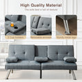 Linen Fabric Modern Sofa Bed Futon Couch Bed Folding Recliner Sleeper Reversible Loveseat Convertible Daybed, 2 Cup Holders, 3 Angles, Removable Armrests, Gray Grey Linen