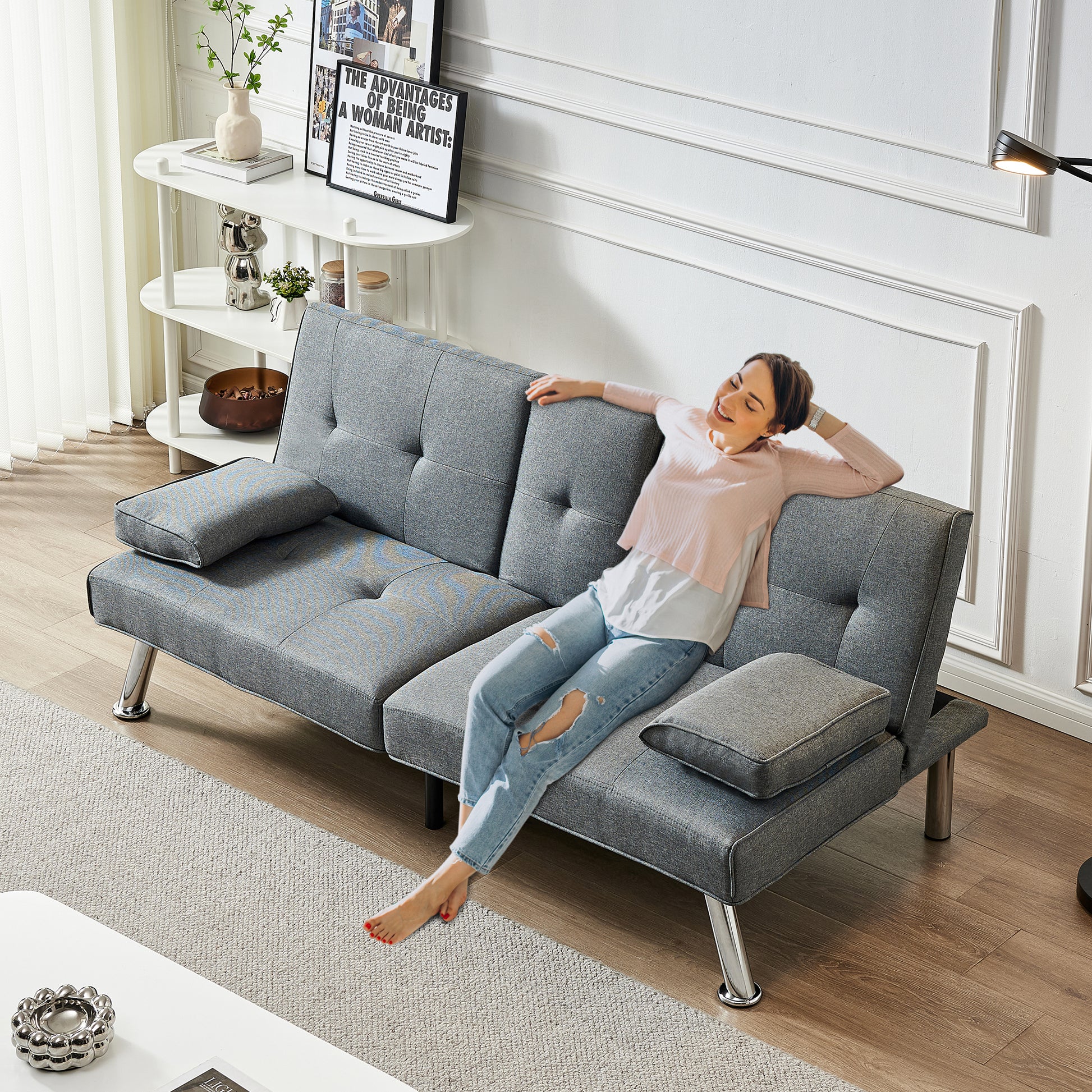 Linen Fabric Modern Sofa Bed Futon Couch Bed Folding Recliner Sleeper Reversible Loveseat Convertible Daybed, 2 Cup Holders, 3 Angles, Removable Armrests, Gray Grey Linen