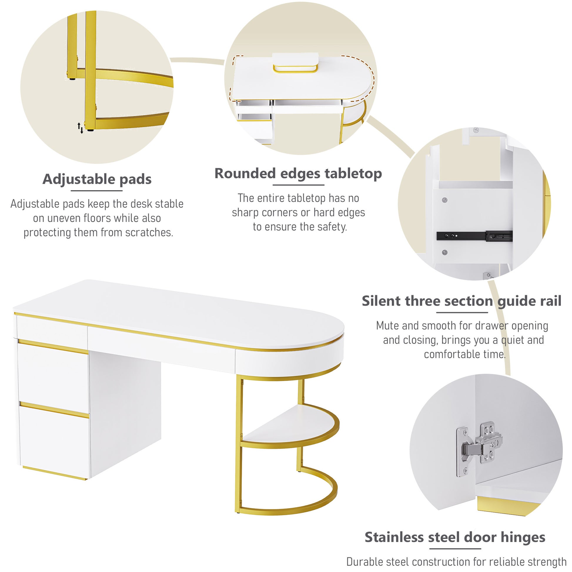 60''Modern Executive Desk,White Curved Computer Desk With Gold Metal Legs,3 Drawers Home Office Desk,Writing Desk With 1 Storage Cabinet For Home Office,Living Room,Gold White Gold White Mdf