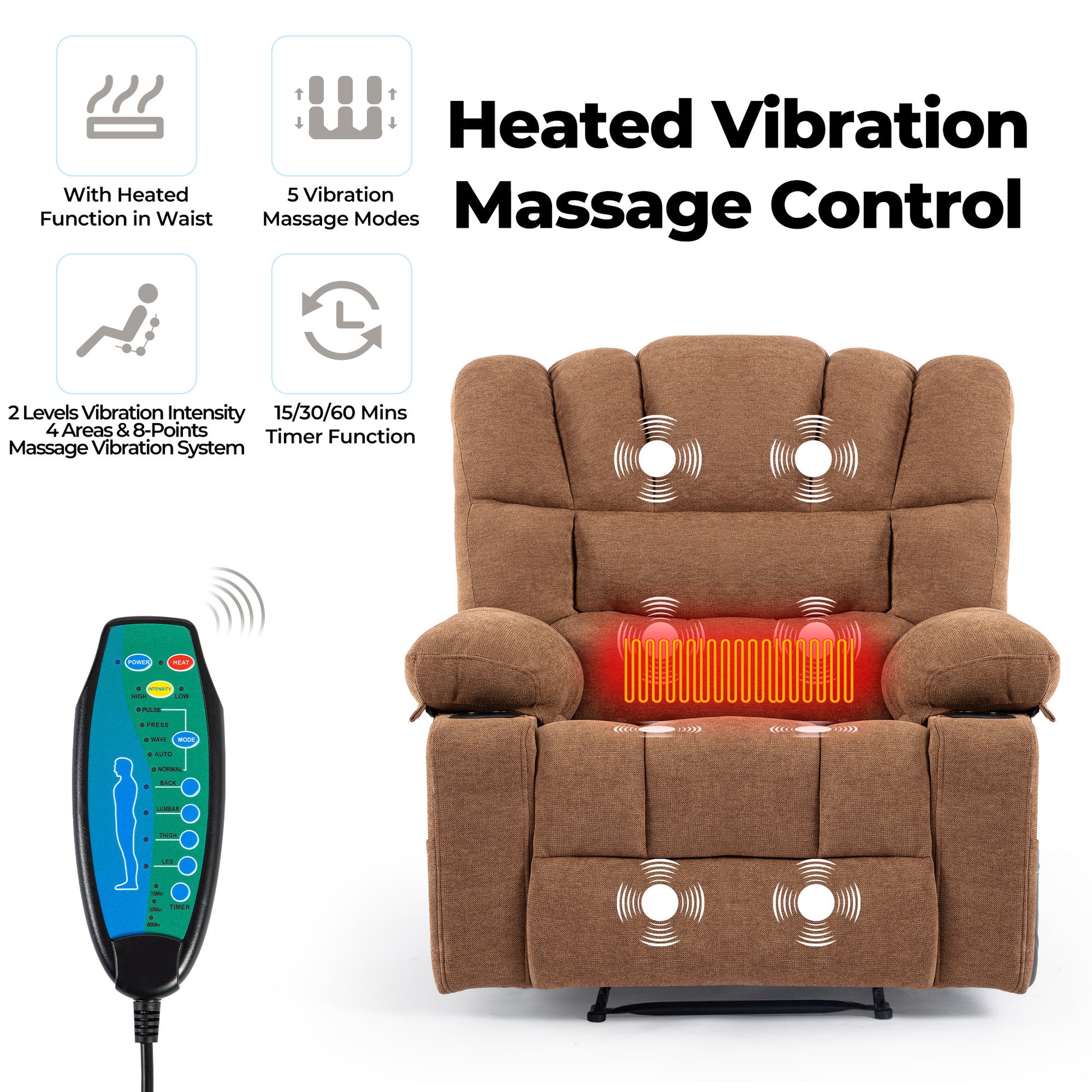 Massage Recliner Chair Sofa With Heating Vibration Brown Chenille Manual Handle Metal Primary Living Space Soft Cushion Back American Design,American Traditional,Classic,Minimalist,Modern Pillow Top Arms Foam Wood Metal