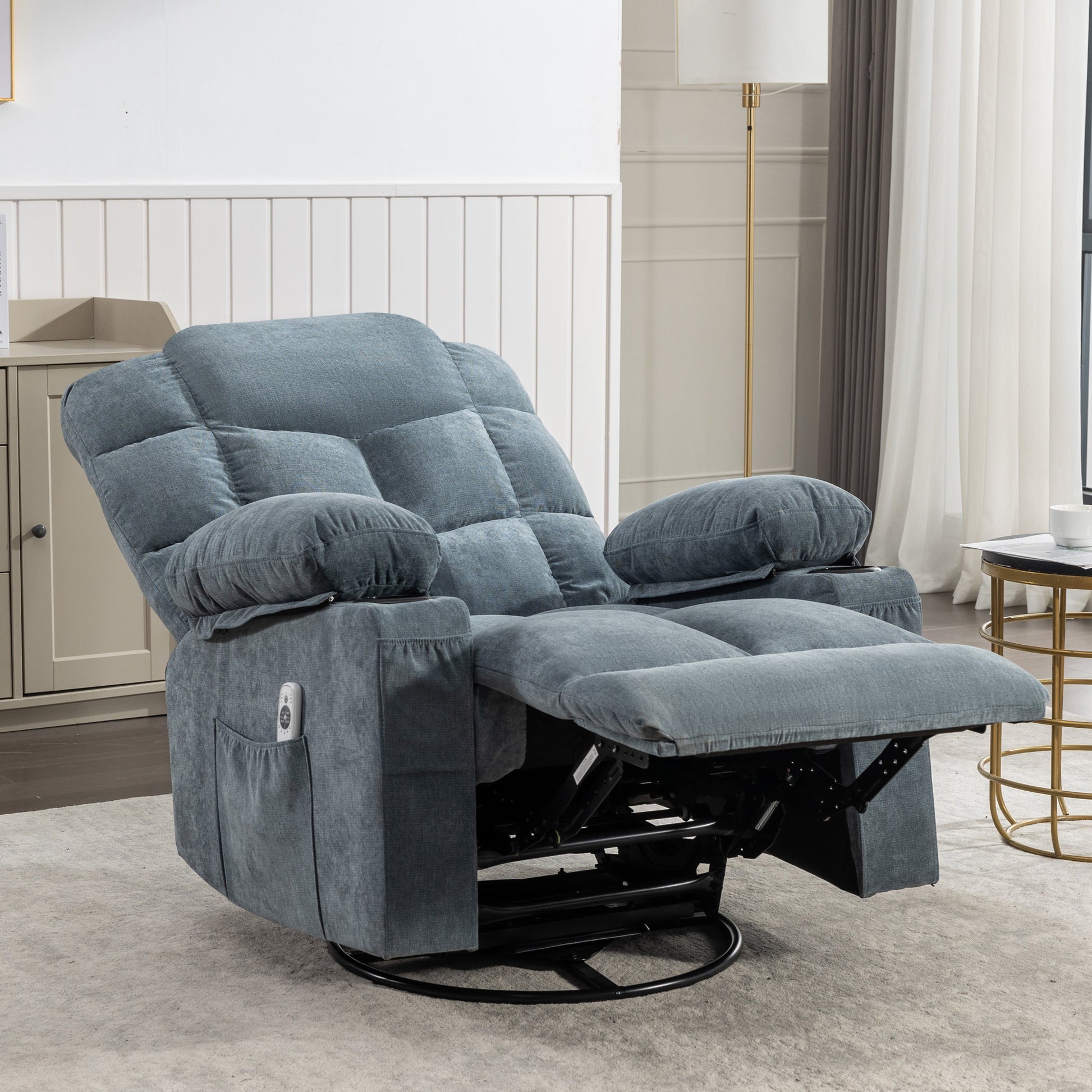 Massage Rocker Recliner Chair Rocking Chairs For Adults Oversized With 2 Cup Holders, Usb Charge Port Soft Features A Manual Massage And Heat.A B Blue Blue Soft Heavy Duty Foam Metal & Wood