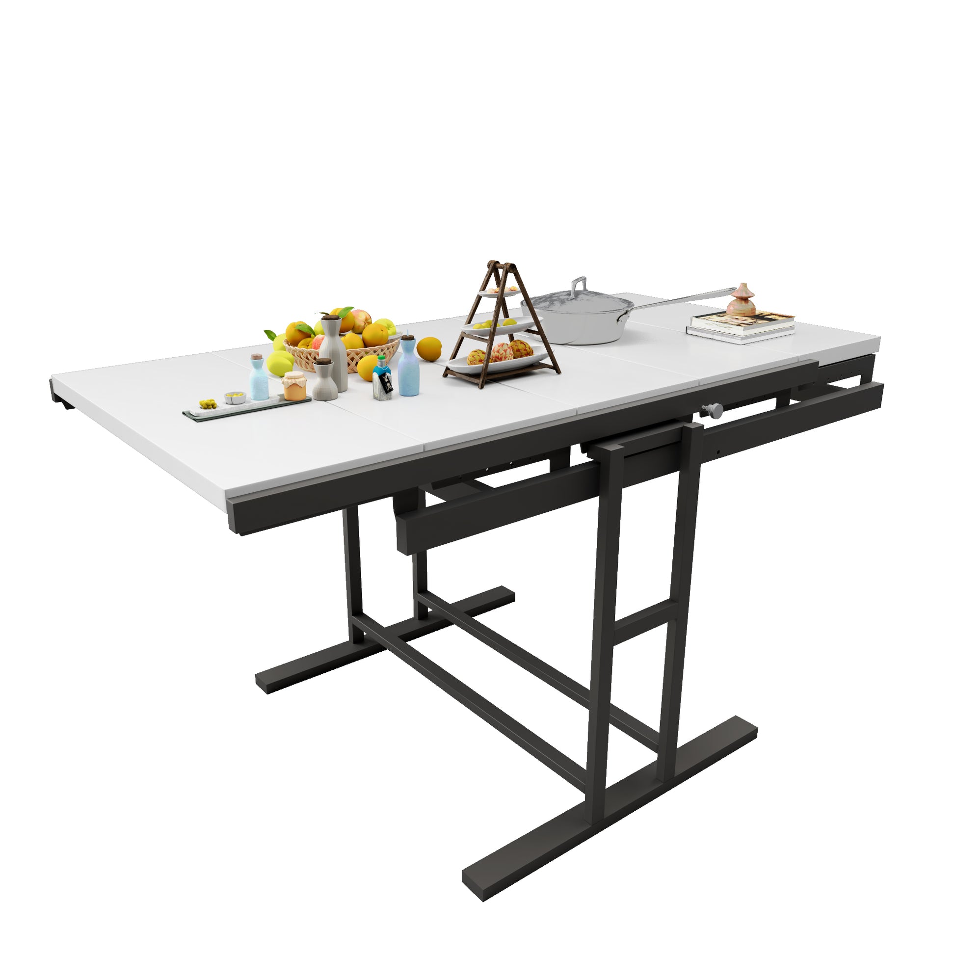 Solid Mahogany Wood Multifunction Convertible Dining Table,Free Switch Space Saving Table Shelf For Home And Studio, White Finish White Solid Wood