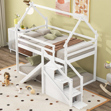 Twin Over Twin House Loft Or Bunk Bed With Slide And Staircase, White Box Spring Not Required Twin White Wood Bedroom Bunk Solid Wood Mdf