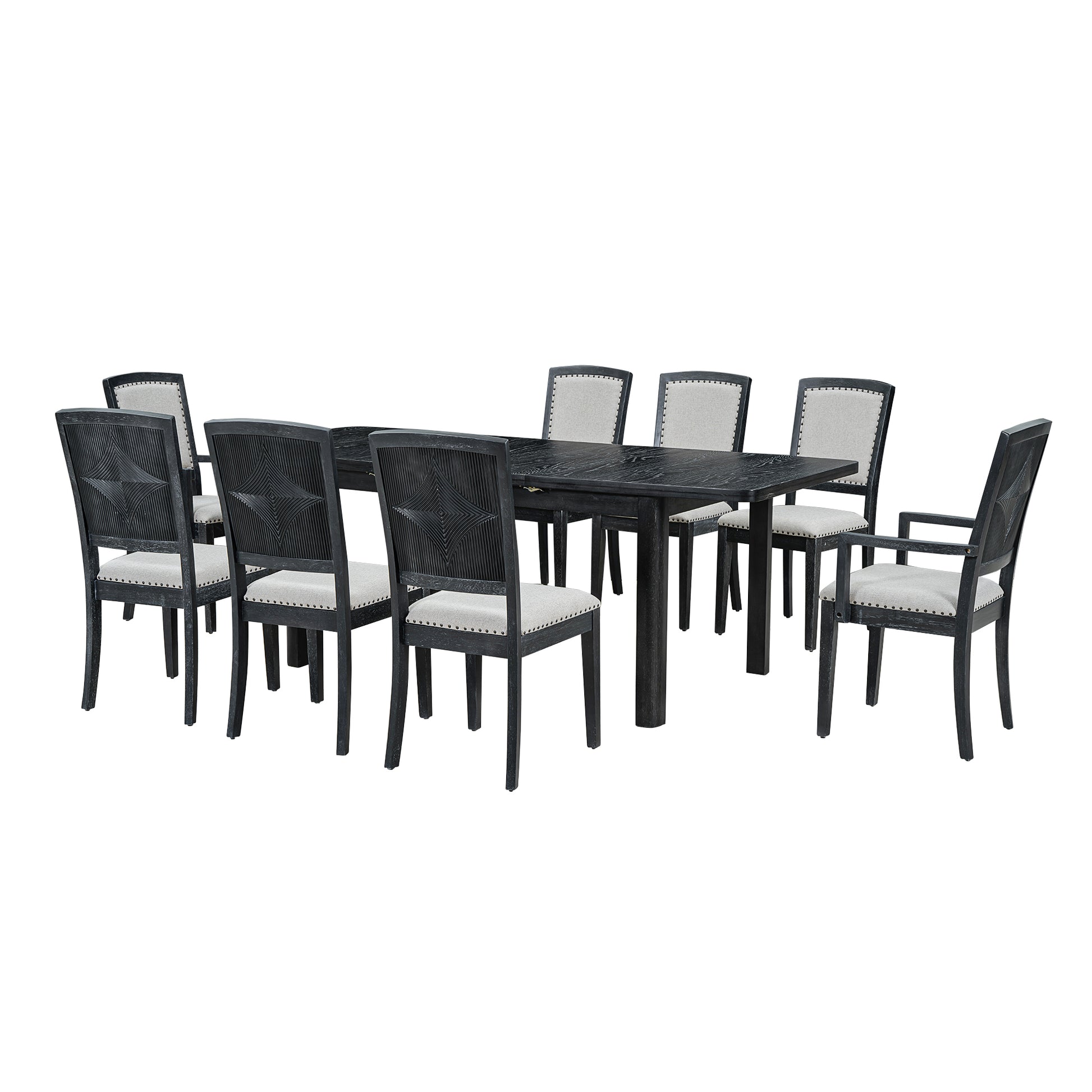 Rustic Extendable 84Inch Dining Table Set With 24Inch Removable Leaf6 Upholstered Armless Dining Chairs And 2 Padded Arm Chairs, 9 Pieces, Black Wood Dining Room Extendable Rubberwood Rectangular Dining Table With Chair Upholstered Chair Wood Black Gray