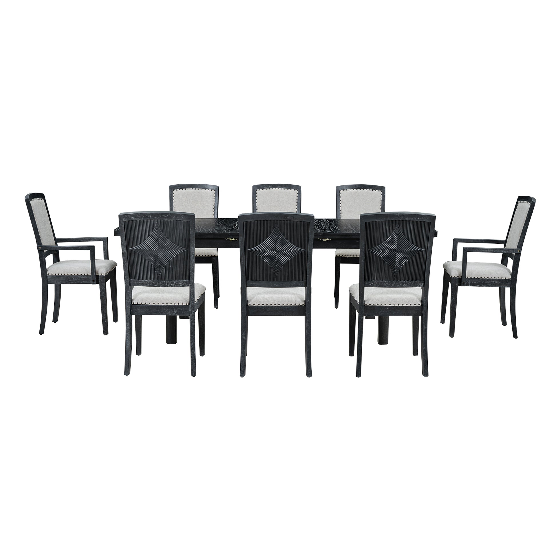 Rustic Extendable 84Inch Dining Table Set With 24Inch Removable Leaf6 Upholstered Armless Dining Chairs And 2 Padded Arm Chairs, 9 Pieces, Black Wood Dining Room Extendable Rubberwood Rectangular Dining Table With Chair Upholstered Chair Wood Black Gray