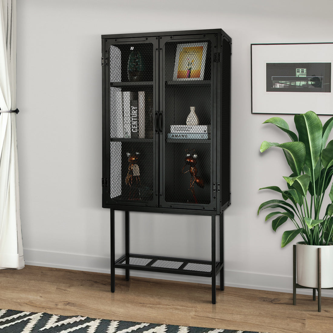 Industrial Cabinet Cupboard With 2 Metal Mesh Doors Adjustable Shelves And Feet Bottom Shelf Anti Tip Dust Free Kitchen Credenza Sideboard Black Black Steel