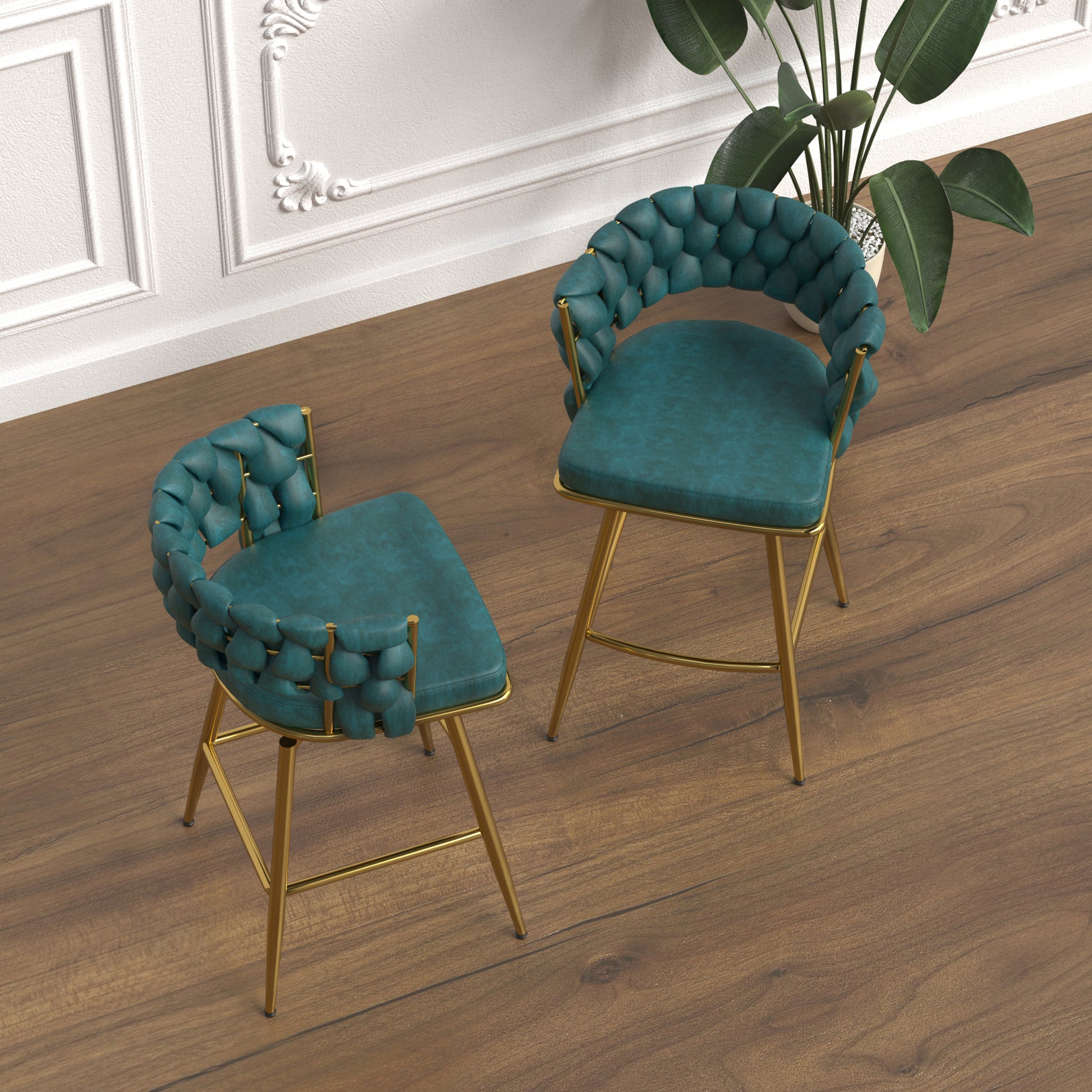 Bar Chair Suede Woven Bar Stool Set Of 4,Golden Legs Barstools No Adjustable Kitchen Island Chairs,360 Swivel Bar Stools Upholstered Bar Chair Counter Stool Arm Chairs With Back Footrest, Blue Metal Blue Kitchen Dining Chairs Foam Technical Leather