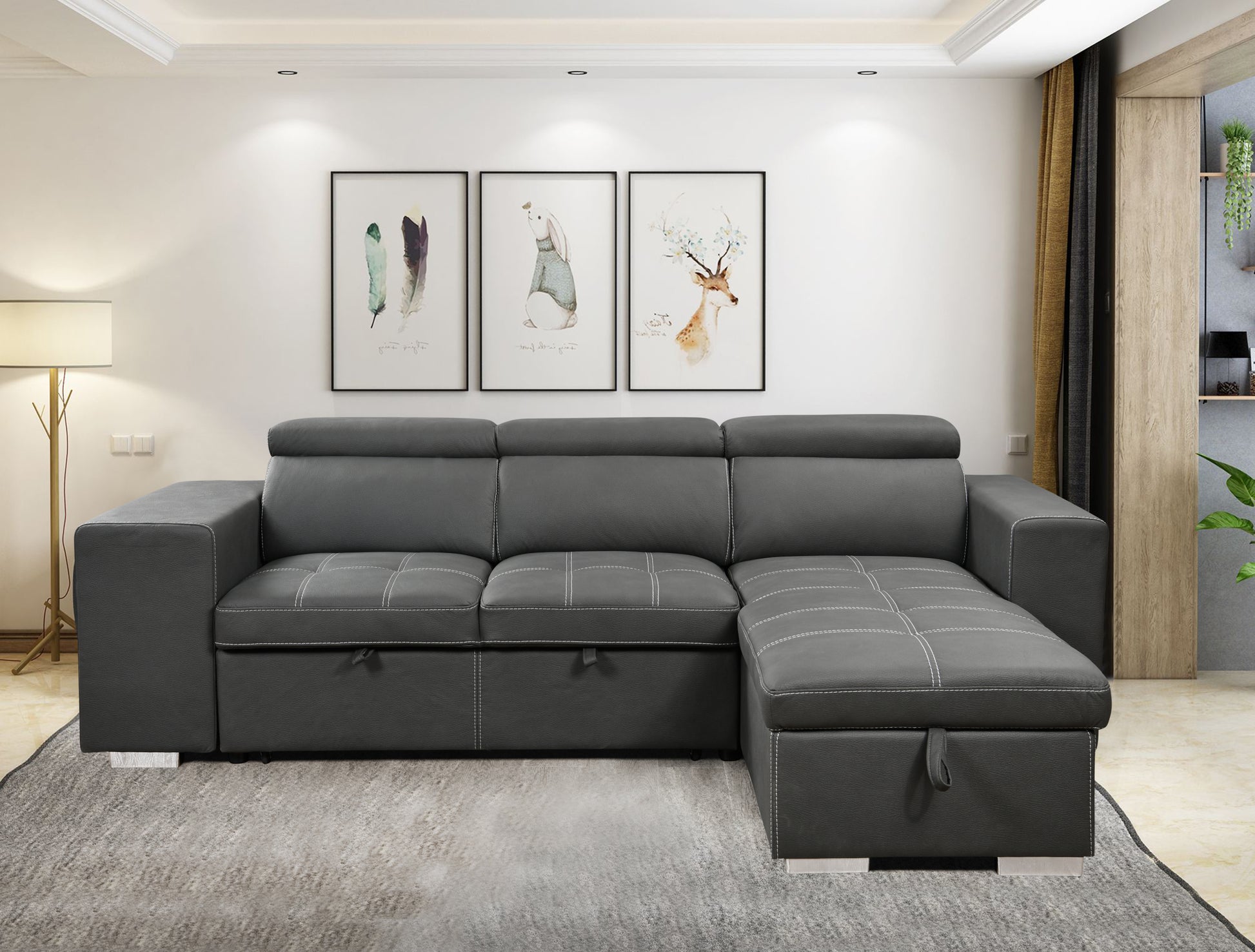 105 Inch Reversible Sectional Sofa With Storage Chaise And 2 Stools, With Adjustable Headrest, Sleeper Contemporary Corner Sectional With Pull Out Sleeper And Chaisecharcoal Grey Gray Microfiber Wood Primary Living Space Soft Pillow Back Modern