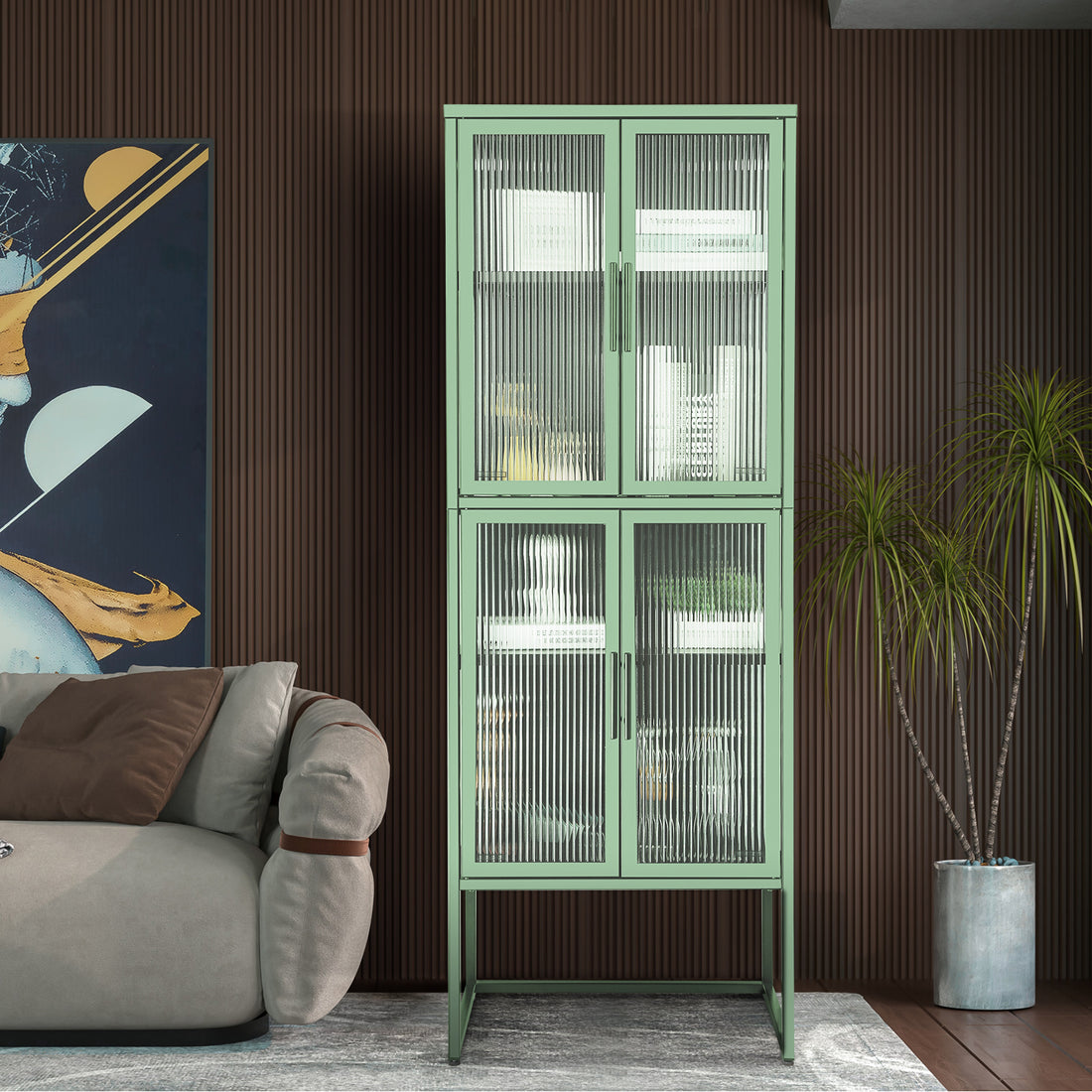 Stylish 4 Door Tempered Glass Cabinet With 4 Glass Doors Adjustable Shelves U Shaped Leg Anti Tip Dust Free Fluted Glass Kitchen Credenza Light Green Mint Green Tempered Glass Sheet Metal Plastic